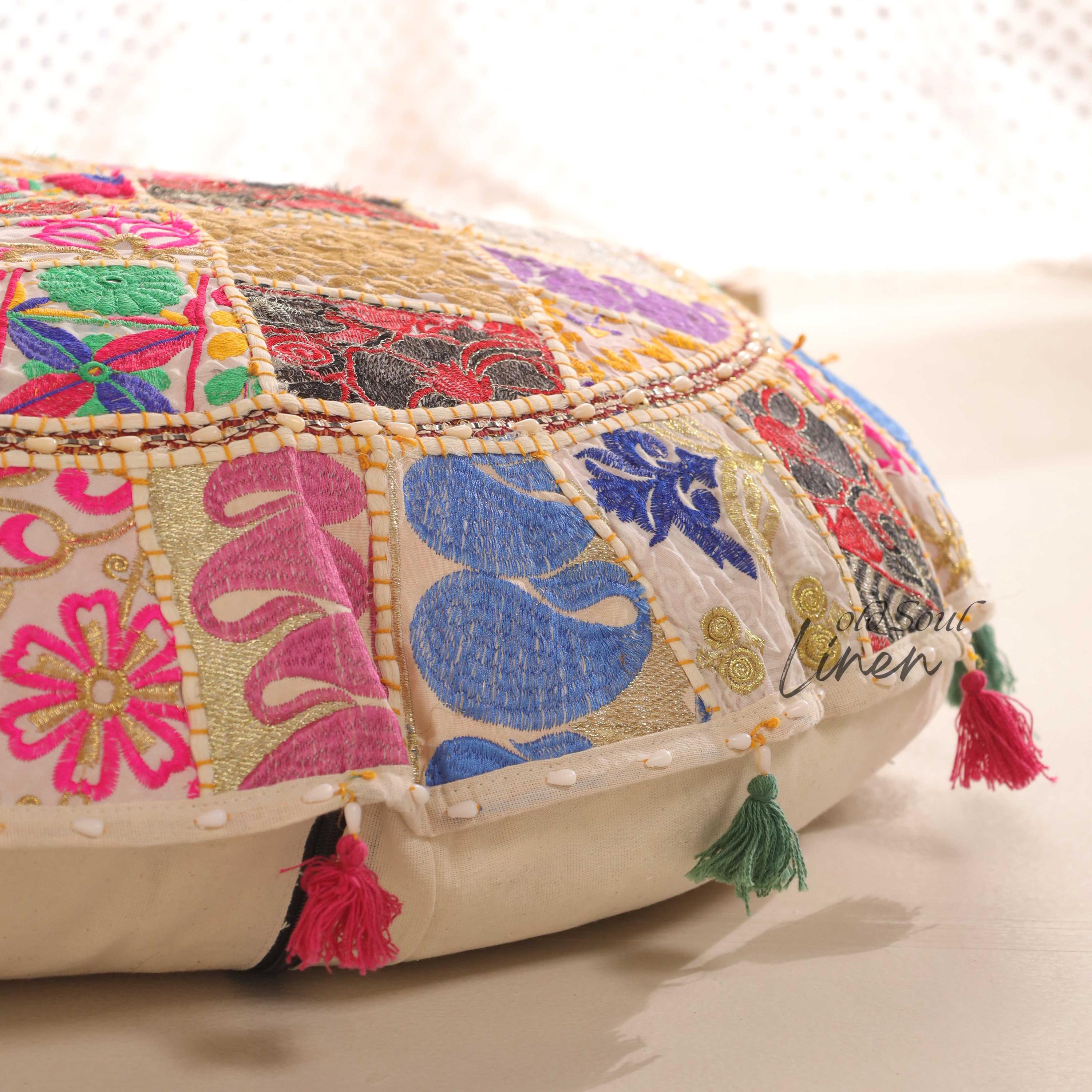 Round Floor Pillow Meditation Cushion | Hippie Floor Seating | Off - White Floor Pouf Stool 32" Kilim Pouf Round | Indian Seating Hippie