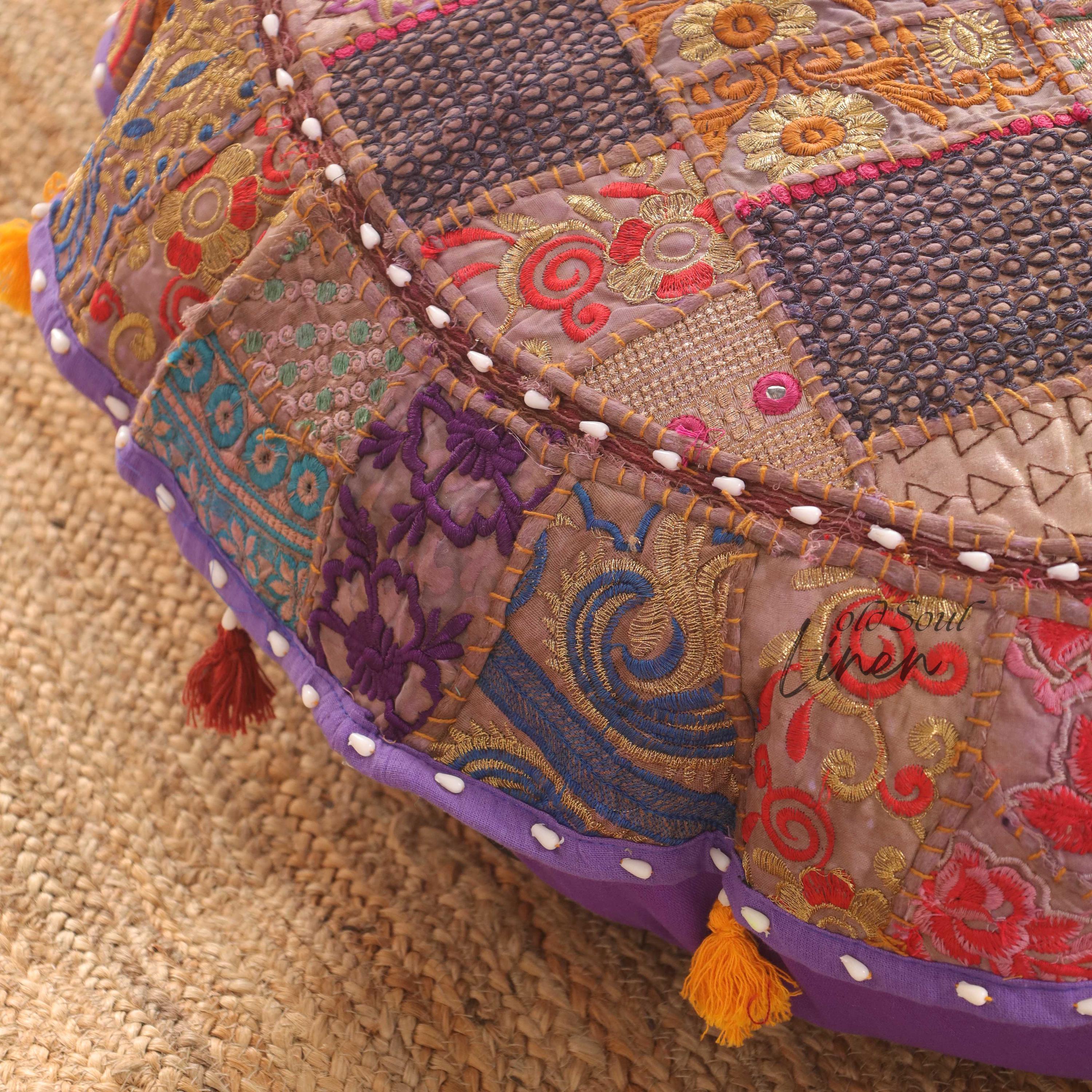 Round Floor Pillow Meditation Cushion | Hippie Floor Seating | Purple Floor Pouf Stool 32" Kilim Pouf Round | Indian Seating Hippie