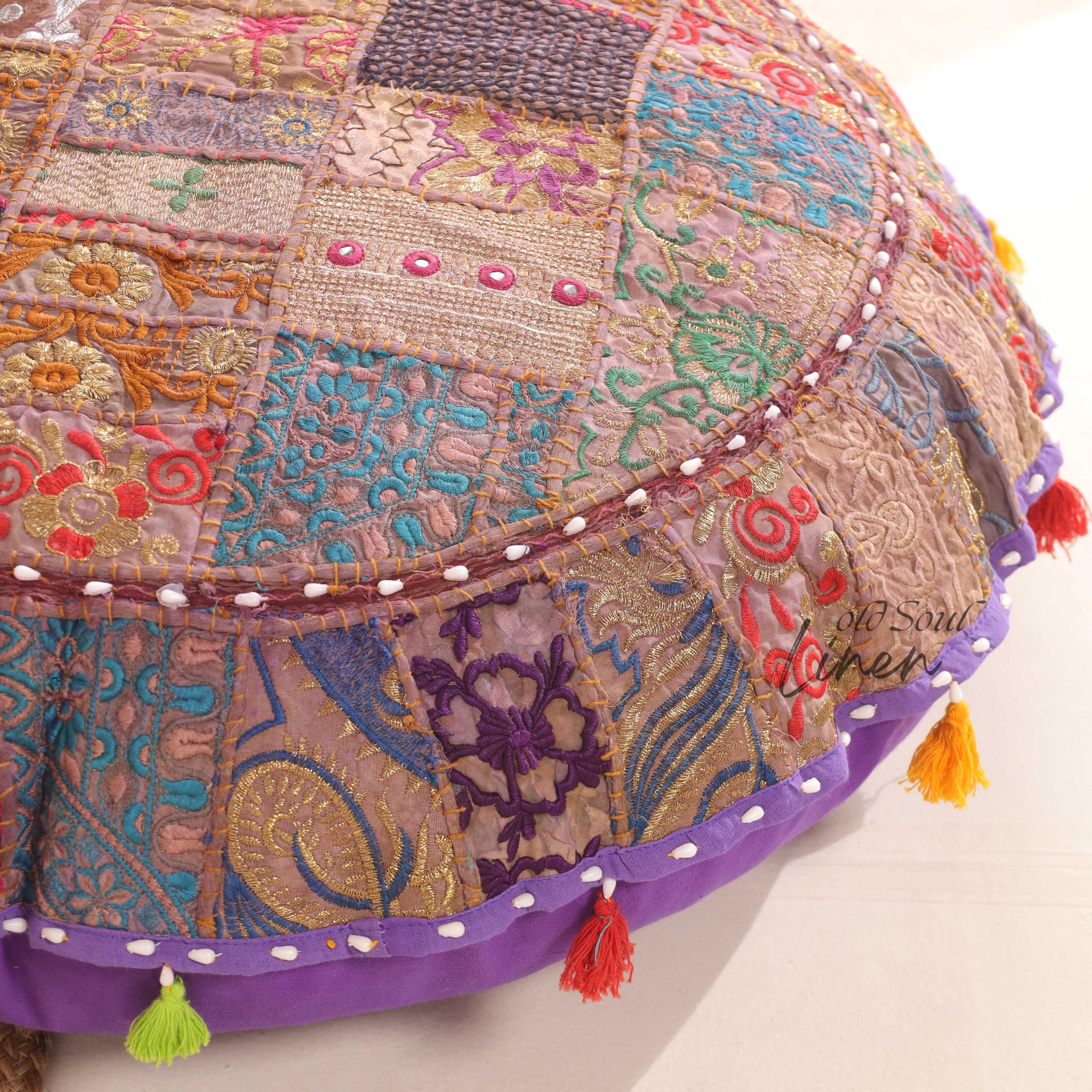 Round Floor Pillow Meditation Cushion | Hippie Floor Seating | Purple Floor Pouf Stool 32" Kilim Pouf Round | Indian Seating Hippie