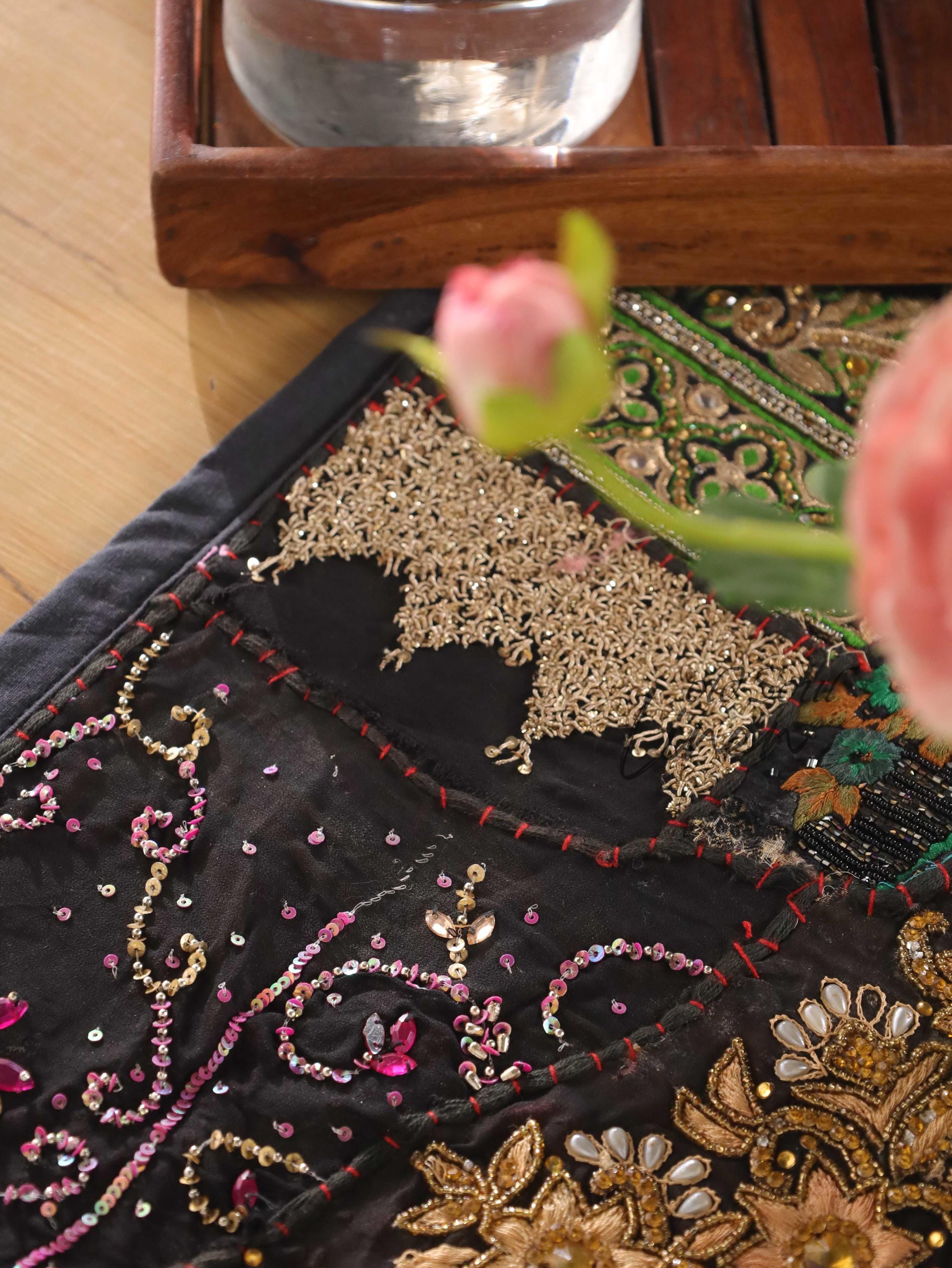 Black Patchwork Boho Table Runner, Handmade Indian Tapestry, Vintage Sari Décor