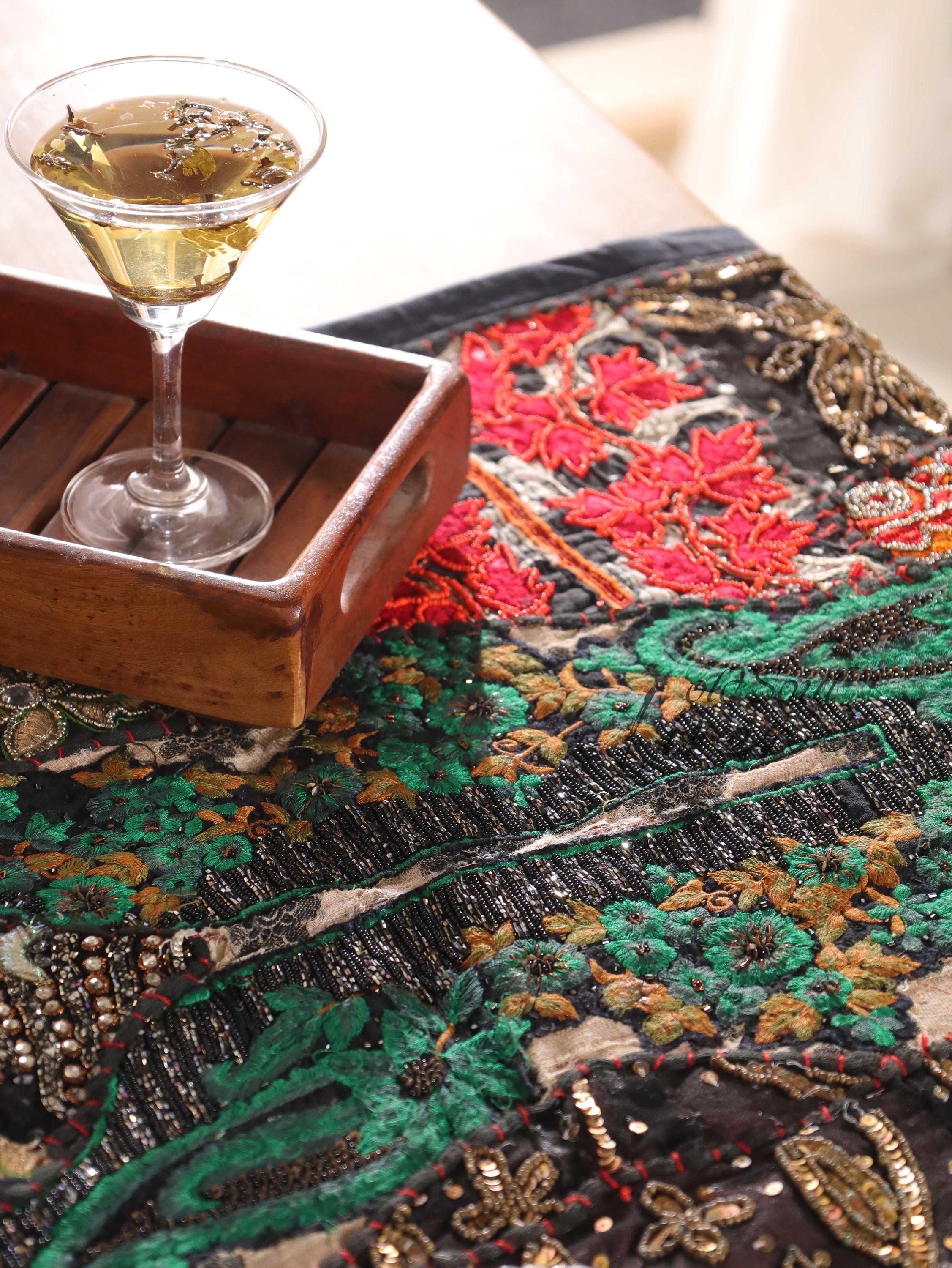 Black Patchwork Boho Table Runner, Handmade Indian Tapestry, Vintage Sari Décor