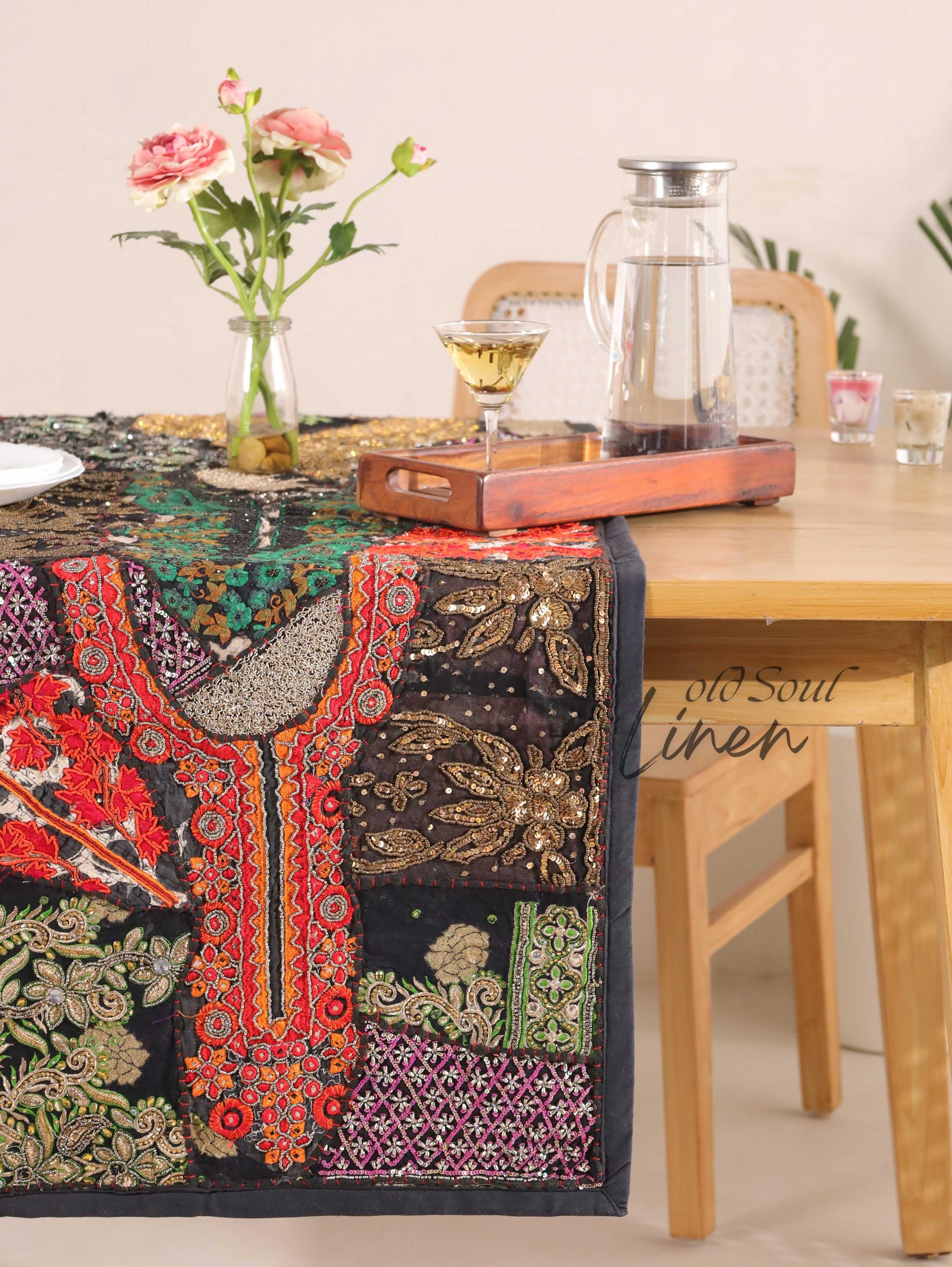 Black Patchwork Boho Table Runner, Handmade Indian Tapestry, Vintage Sari Décor