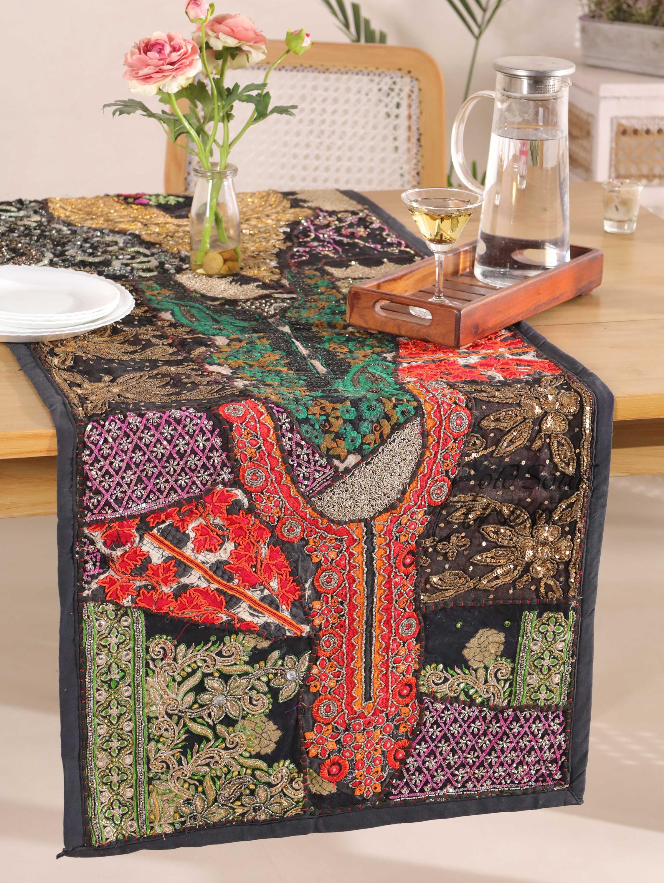 Black Patchwork Boho Table Runner, Handmade Indian Tapestry, Vintage Sari Décor