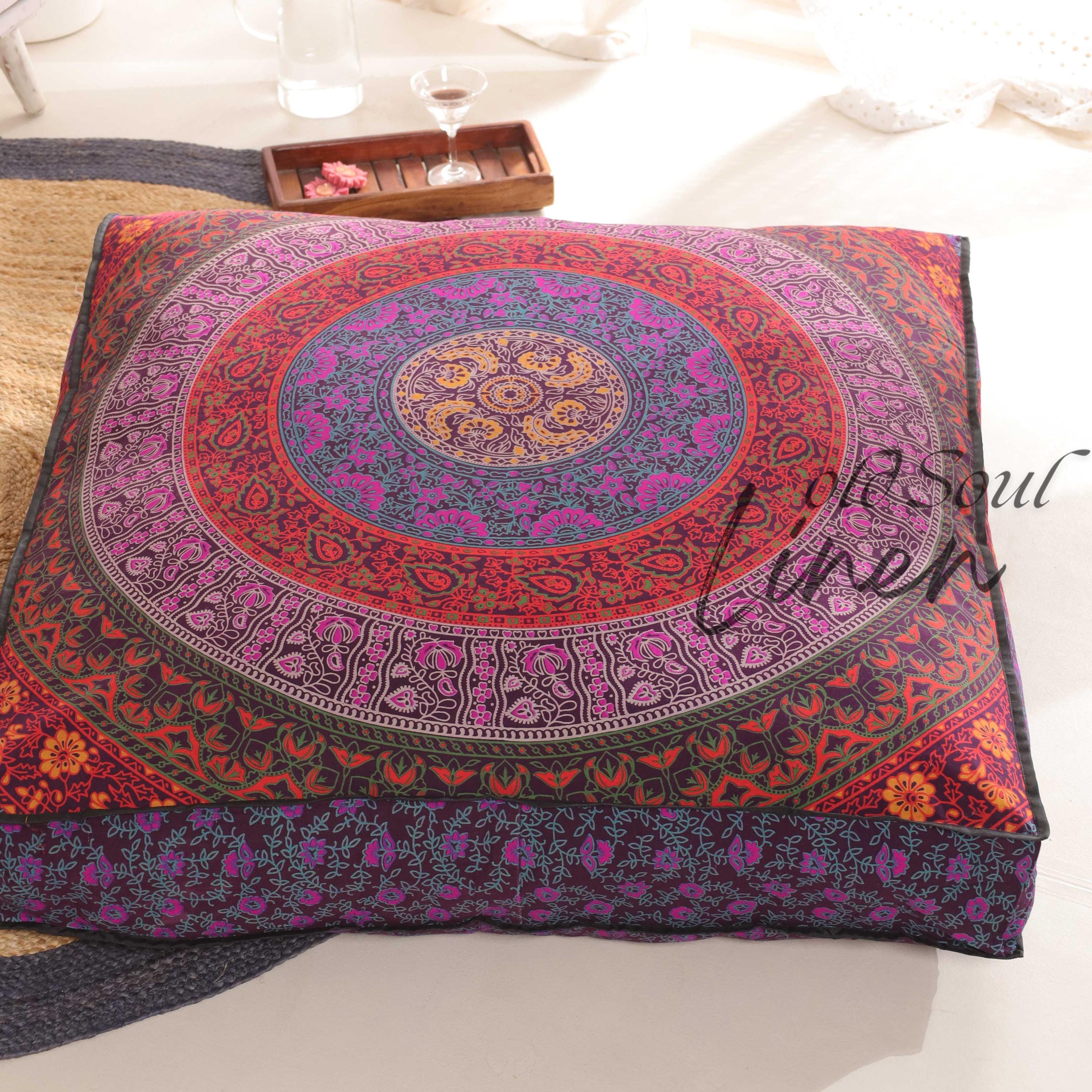 Pouf Cushion Cover Indian Mandala Floor Cushions Square Seating Pillow Bohemian Pouffe Home Décor Yoga Meditation 35" By Indian Consigners