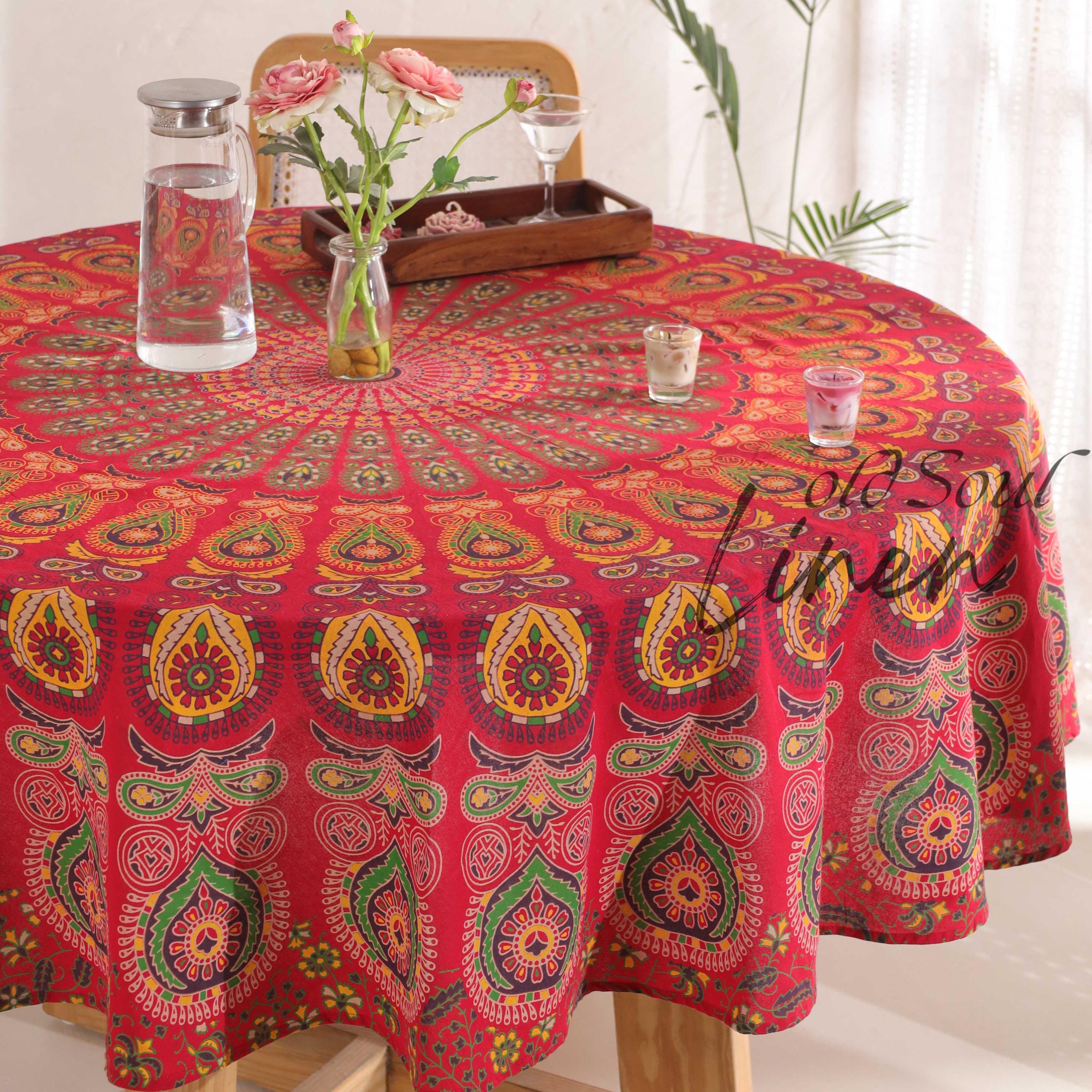 Red Mandala Round Cotton Throw – Beach, Picnic & Yoga Mat, 72 Inches