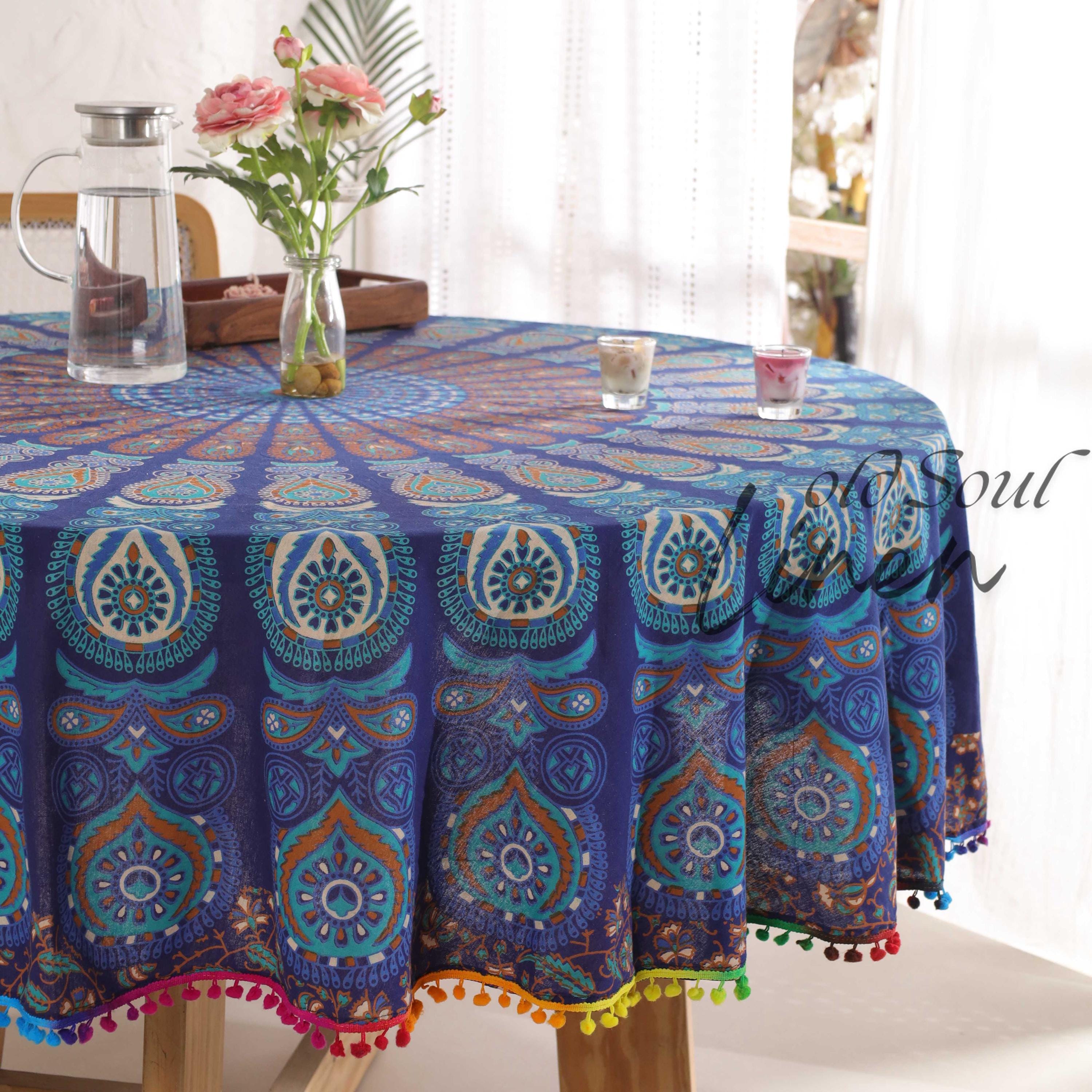 Mandala Roundie Tapestry Blanket, Circle Table Cloth, Table Decoration, Picnic Gypsy Cotton Table Cloth, Meditation Round Yoga Mat Décor 49"