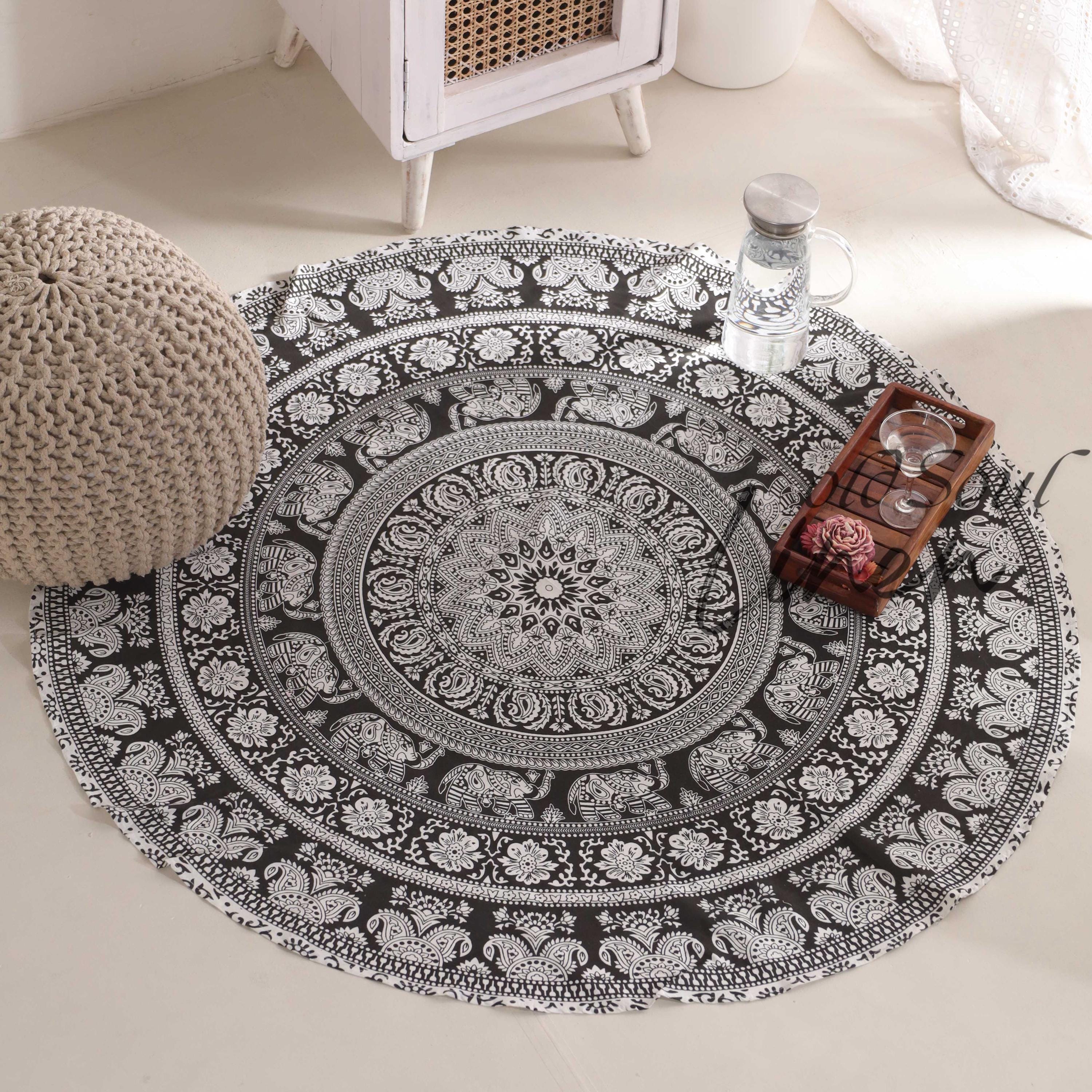 Round Beach Tapestry Mandala Blanket, Bohemian Large Table Cloth, Home Décor Yoga Mat Meditation, Tapestry Picnic Blanket Mat 72"Black&White