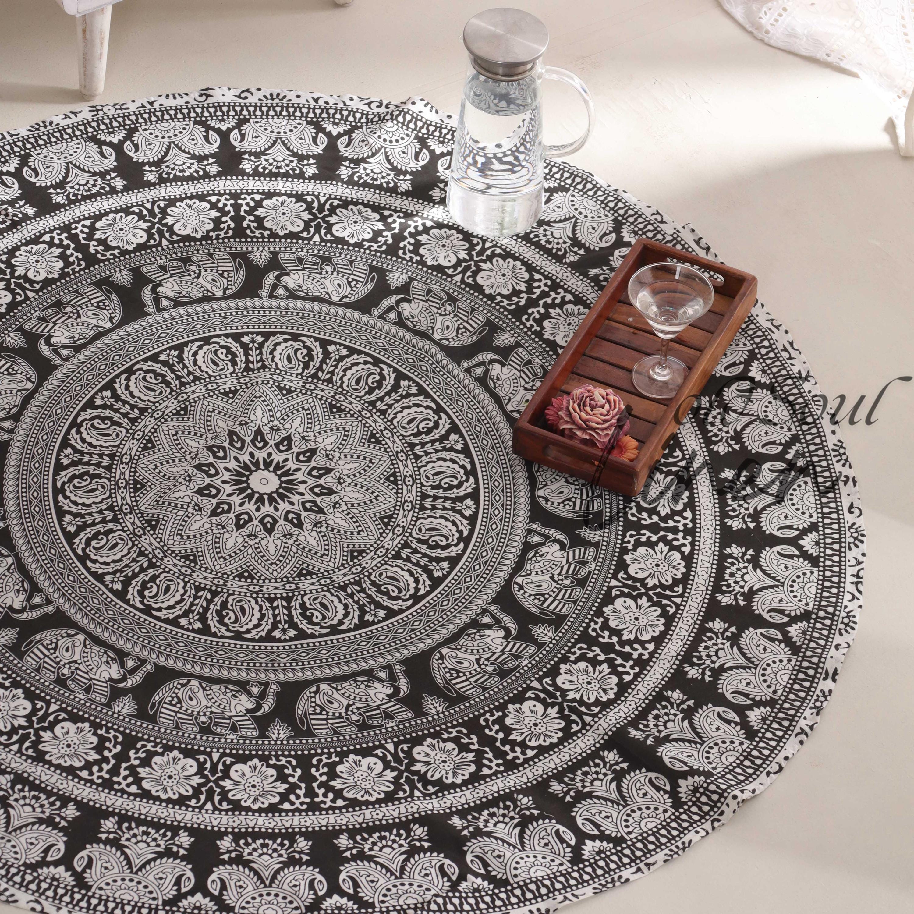 Round Beach Tapestry Mandala Blanket, Bohemian Large Table Cloth, Home Décor Yoga Mat Meditation, Tapestry Picnic Blanket Mat 72"Black&White
