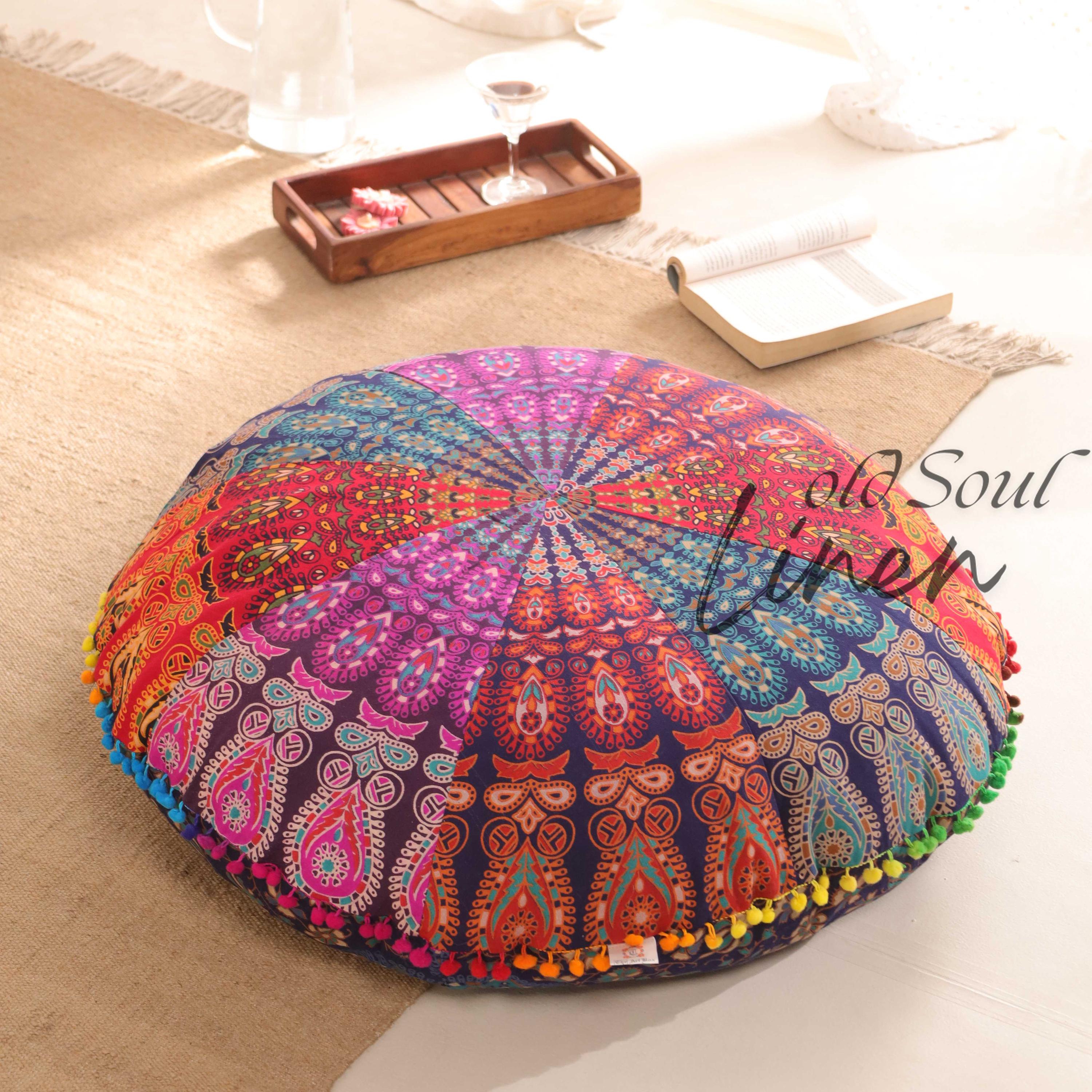 Bohemian Floor Pillow Cover - Round Peacock Mandala Cushion for Meditation & Seating (32")