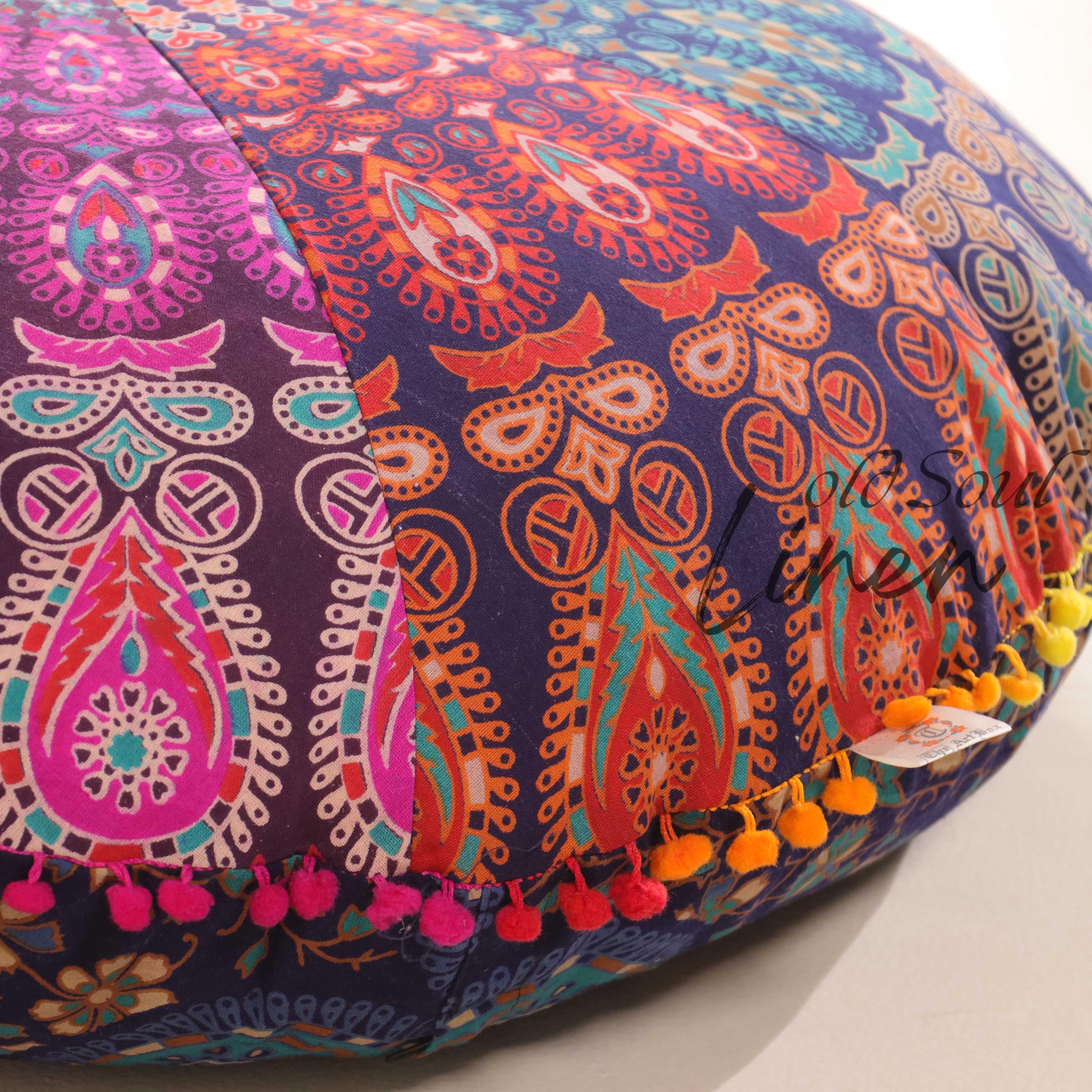 Bohemian Floor Pillow Cover - Round Peacock Mandala Cushion for Meditation & Seating (32")