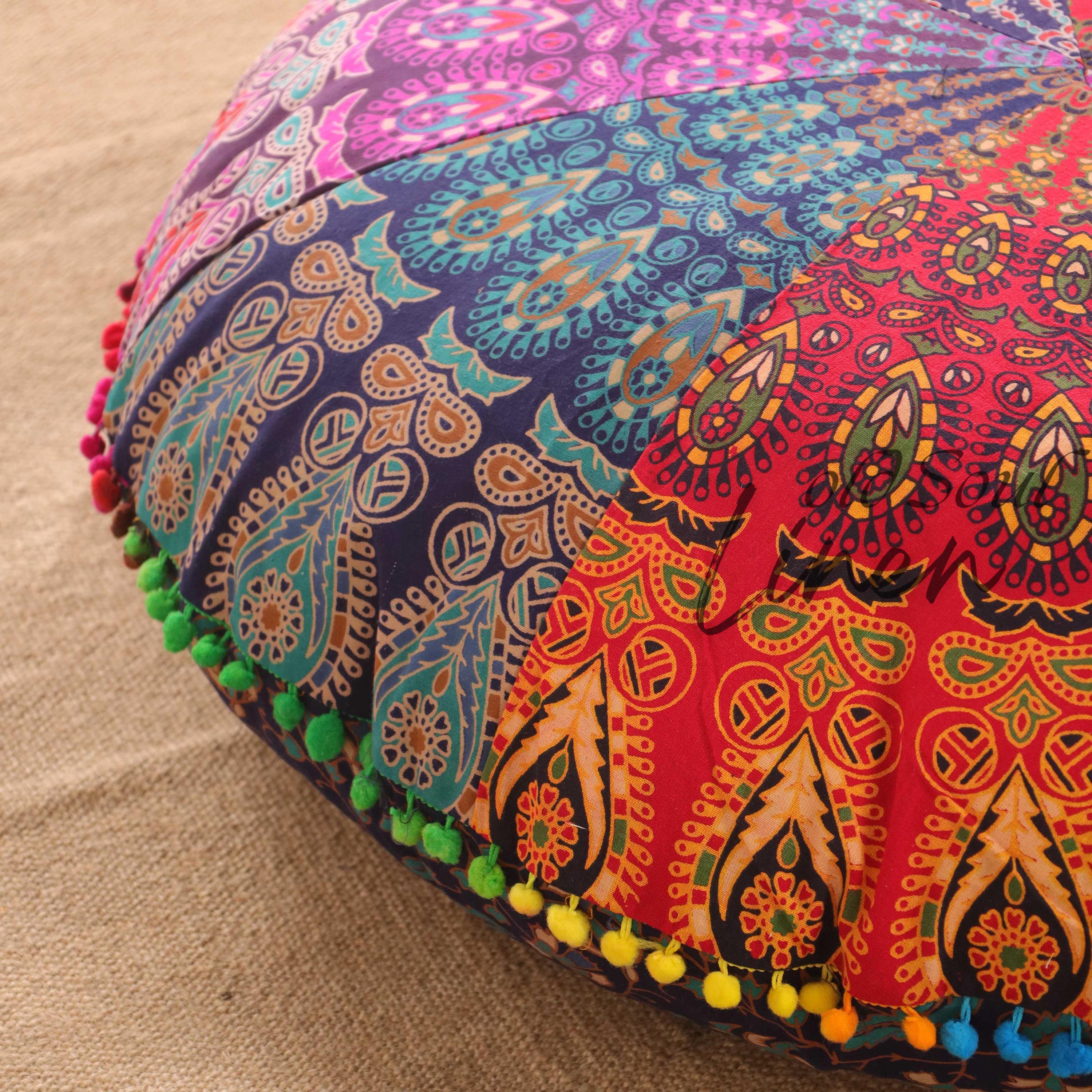 Bohemian Floor Pillow Cover - Round Peacock Mandala Cushion for Meditation & Seating (32")