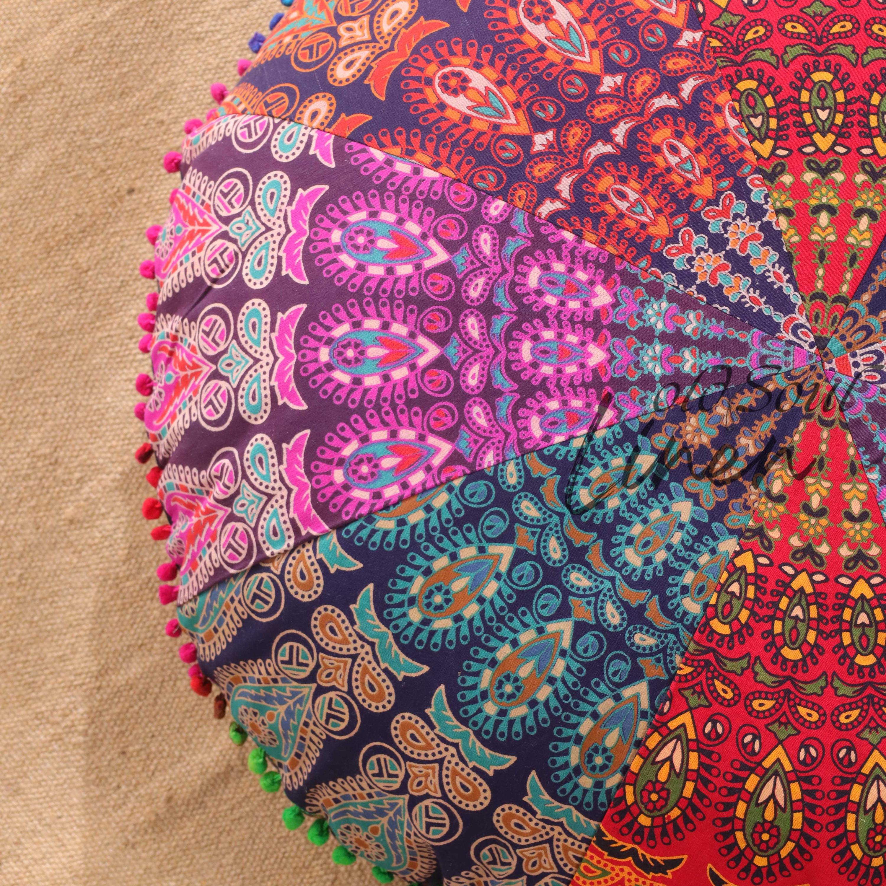 Bohemian Floor Pillow Cover - Round Peacock Mandala Cushion for Meditation & Seating (32")