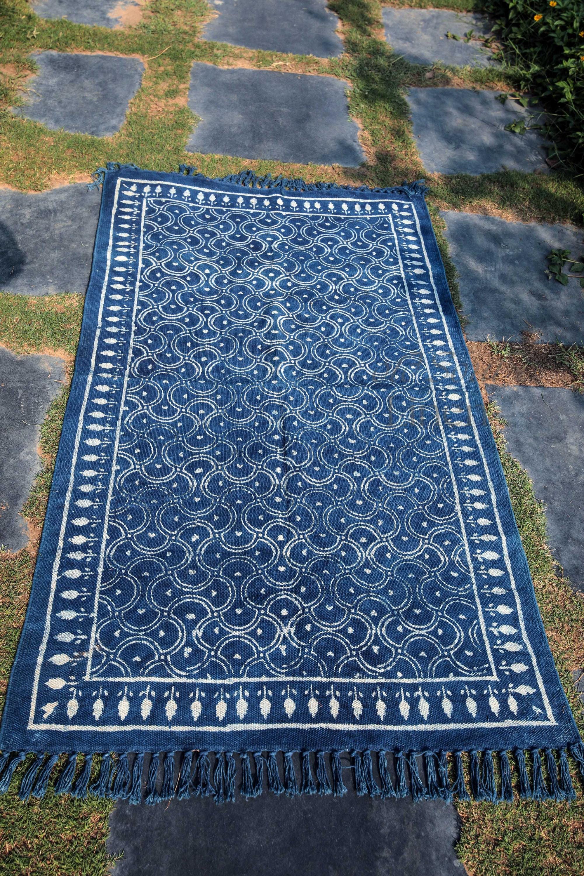 Luxury Handmade Indian Rug, Hand Block Printed Rug, Hand woven Rug, Indigo Dhurrie Rug, Large Area Rug, Outdoor/Indoor Rugs