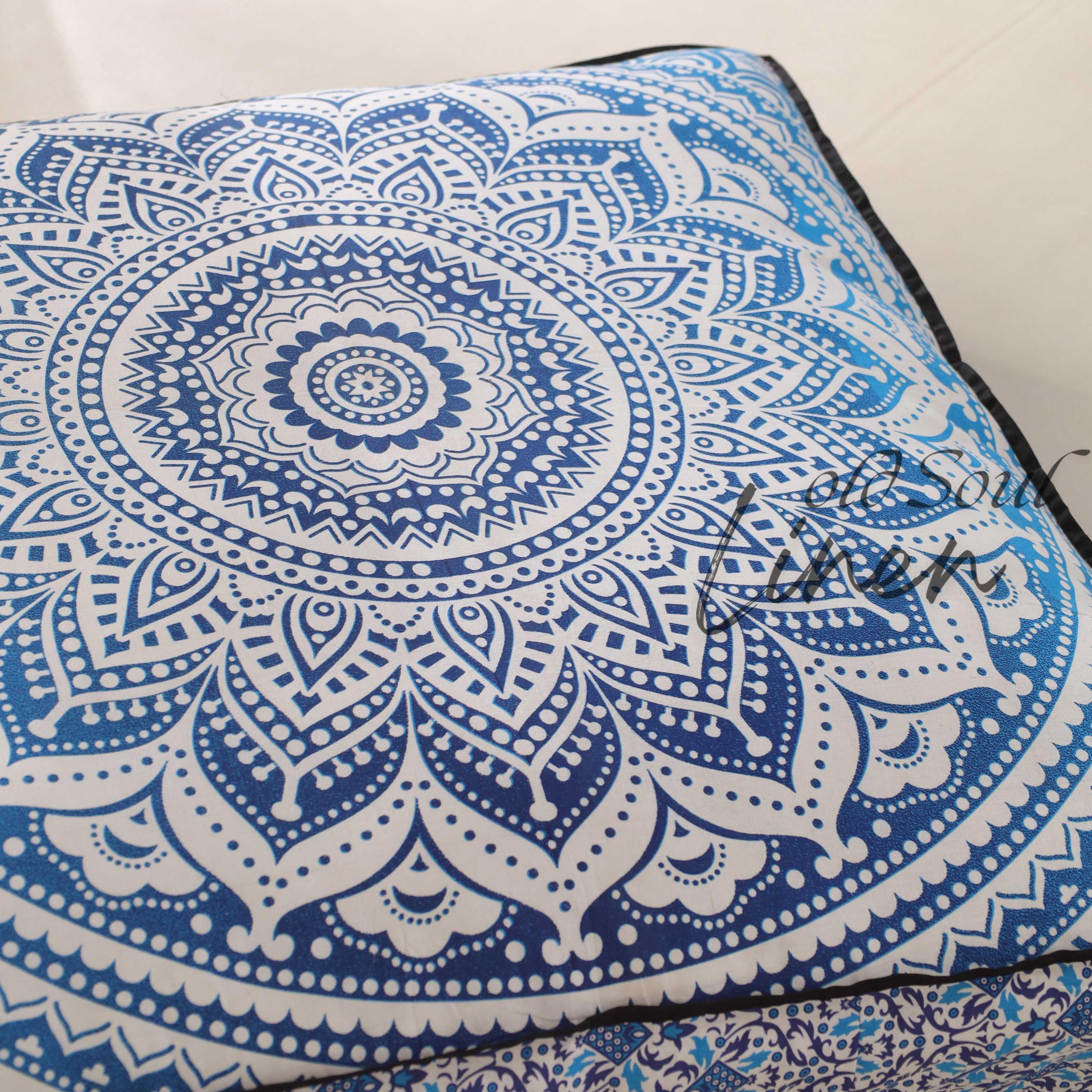 Pouf Cushion Cover Indian Ombre Mandala Floor Cushions Square Seating Pillow Bohemian Pouffe Home Décor Yoga Meditation 35" Blue