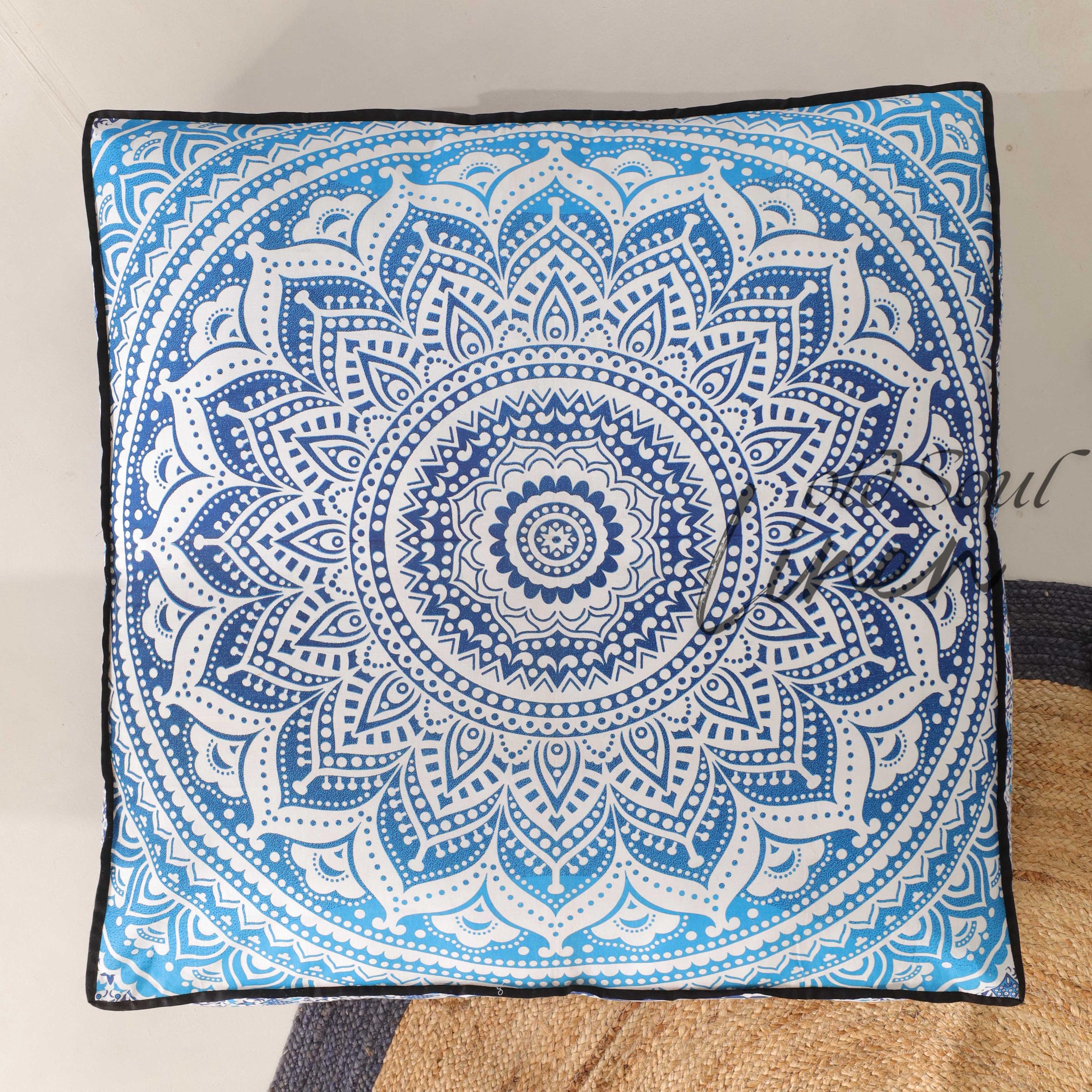 Pouf Cushion Cover Indian Ombre Mandala Floor Cushions Square Seating Pillow Bohemian Pouffe Home Décor Yoga Meditation 35" Blue