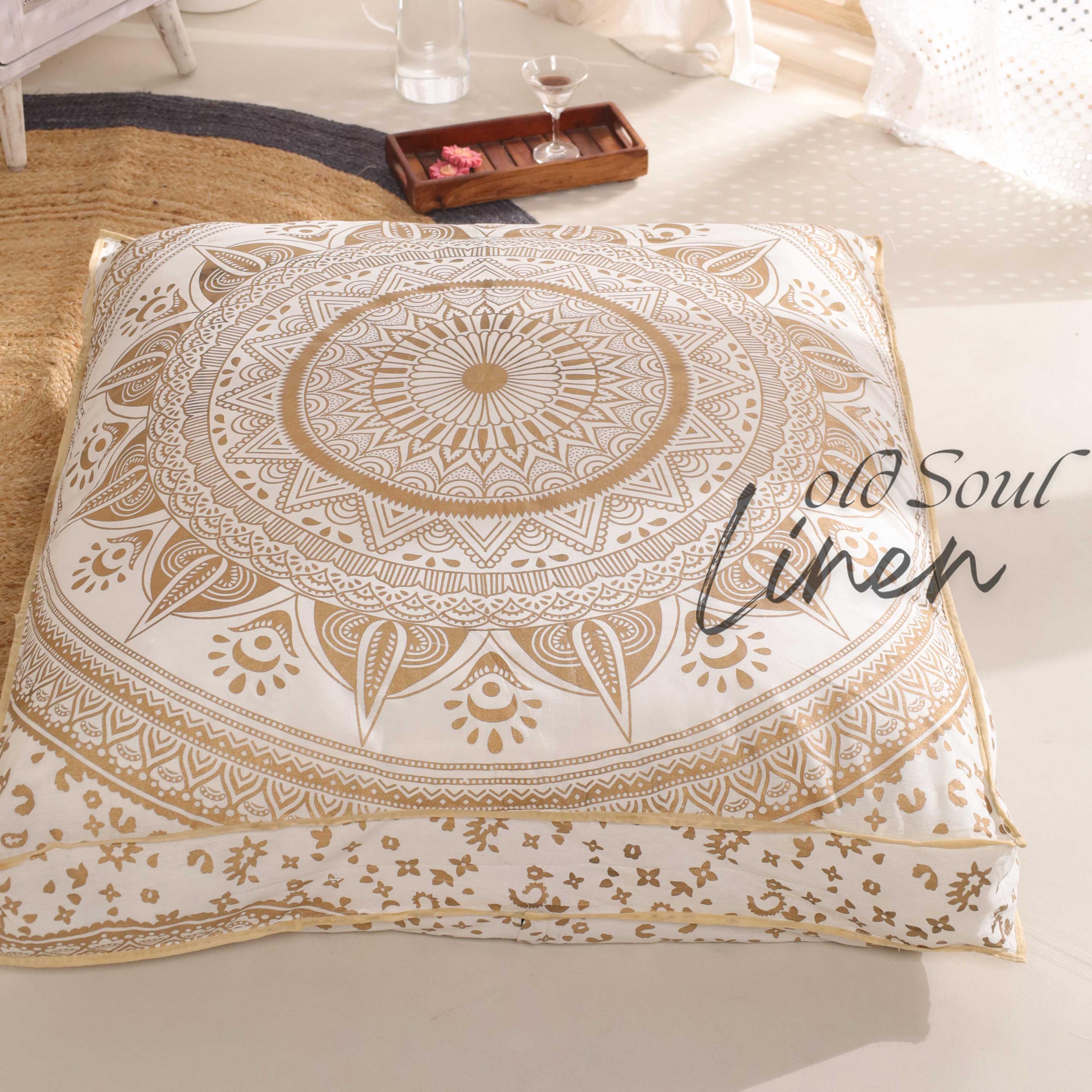 Indian Floor Pillow - Bohemian Meditation Cushion Cover Decorative Boho Throw Pillow Gold Floor Pillow Cover Seating Square Décor 35"