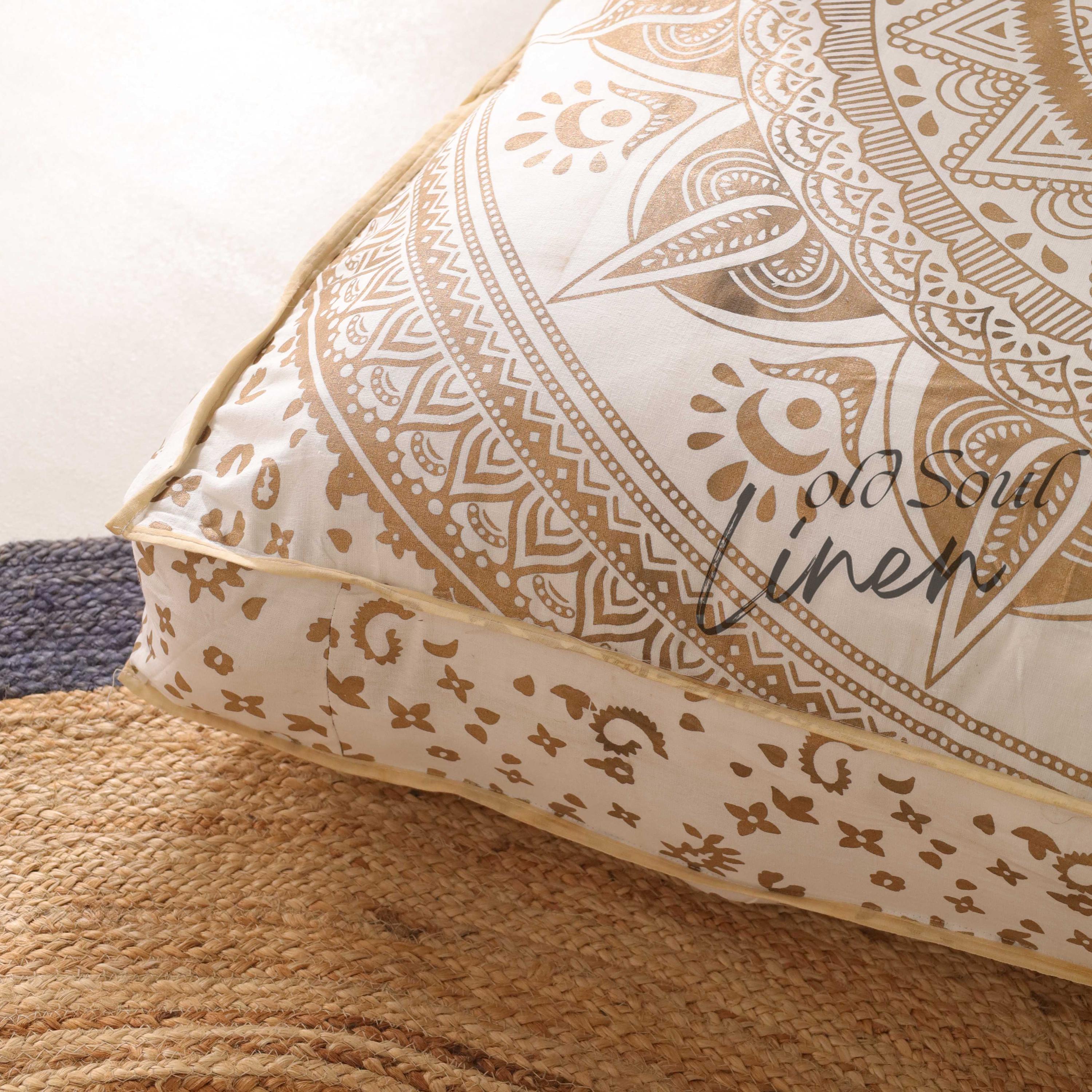 Indian Floor Pillow - Bohemian Meditation Cushion Cover Decorative Boho Throw Pillow Gold Floor Pillow Cover Seating Square Décor 35"