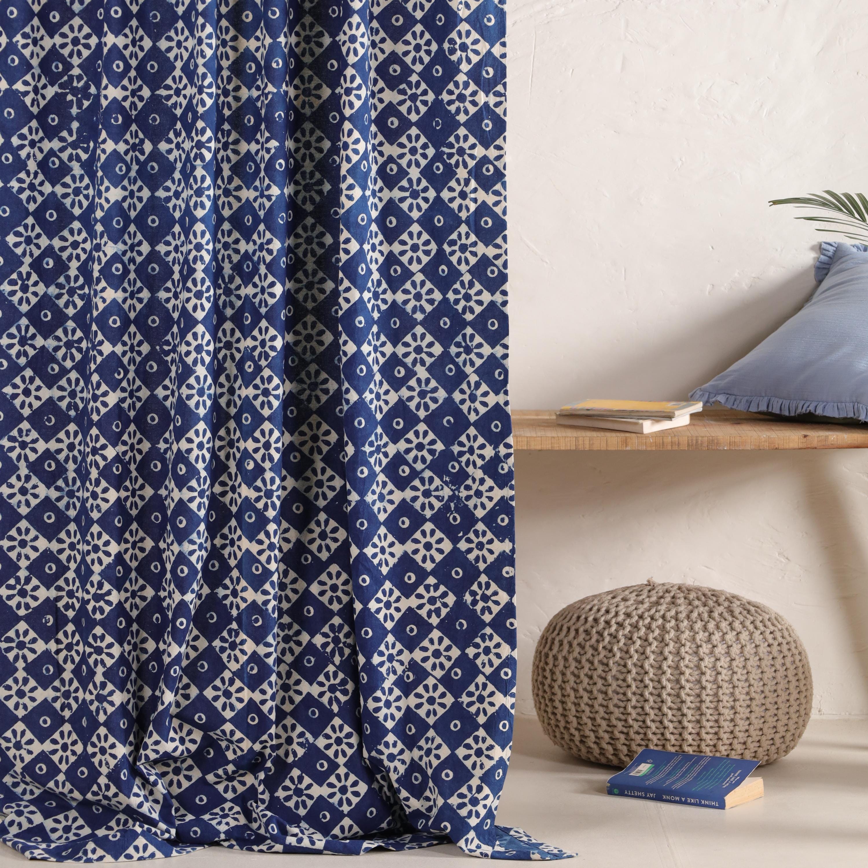 Bohemian Indigo Blue Block Printed Curtains (2 Panels) โ Handmade for Bedroom, Kitchen, Office