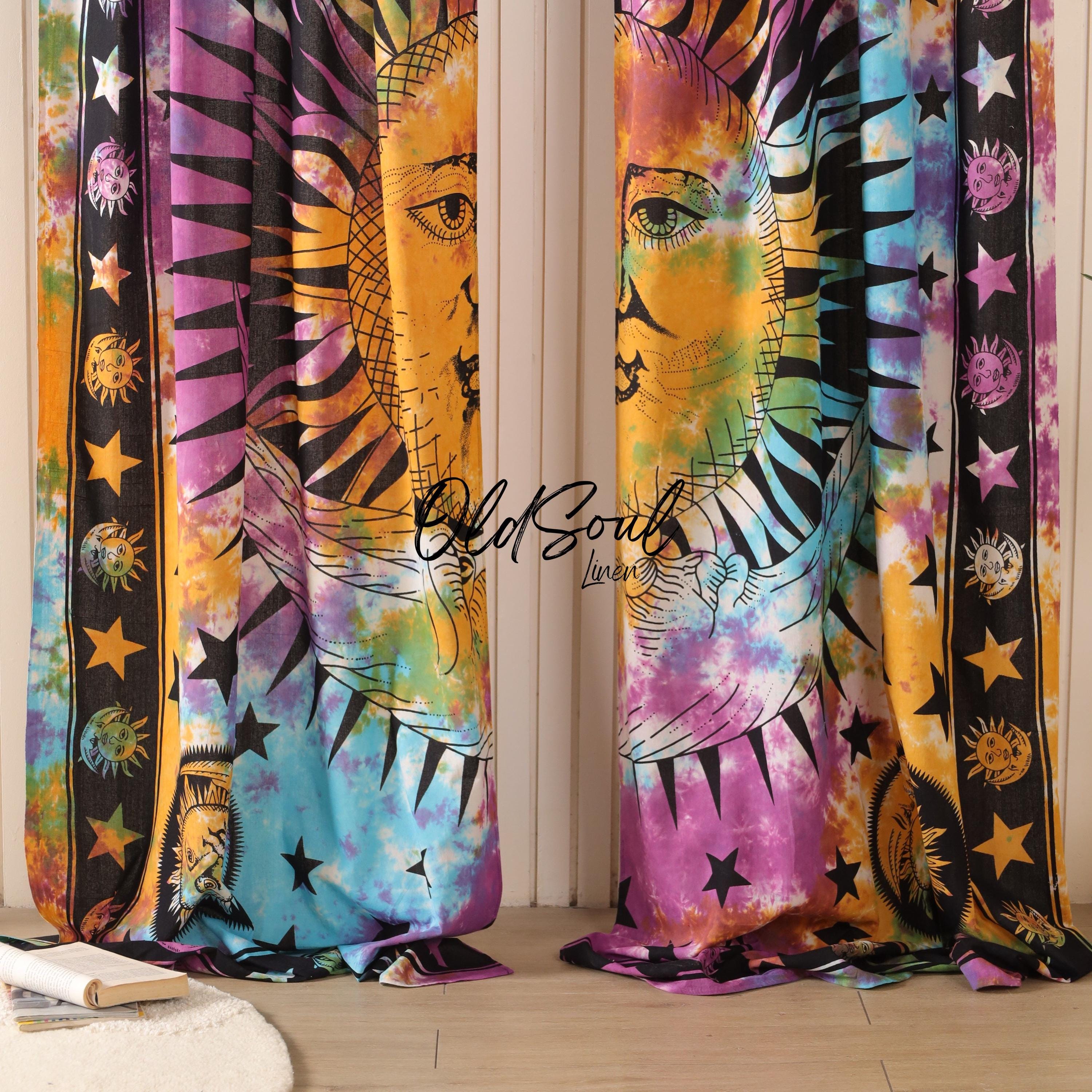 Psychedelic Sun & Moon Mandala Curtains, Bohemian Curtains, Curtains for Living Room Luxury, Tie Top Curtains, Shower Curtains Boho Set of 2