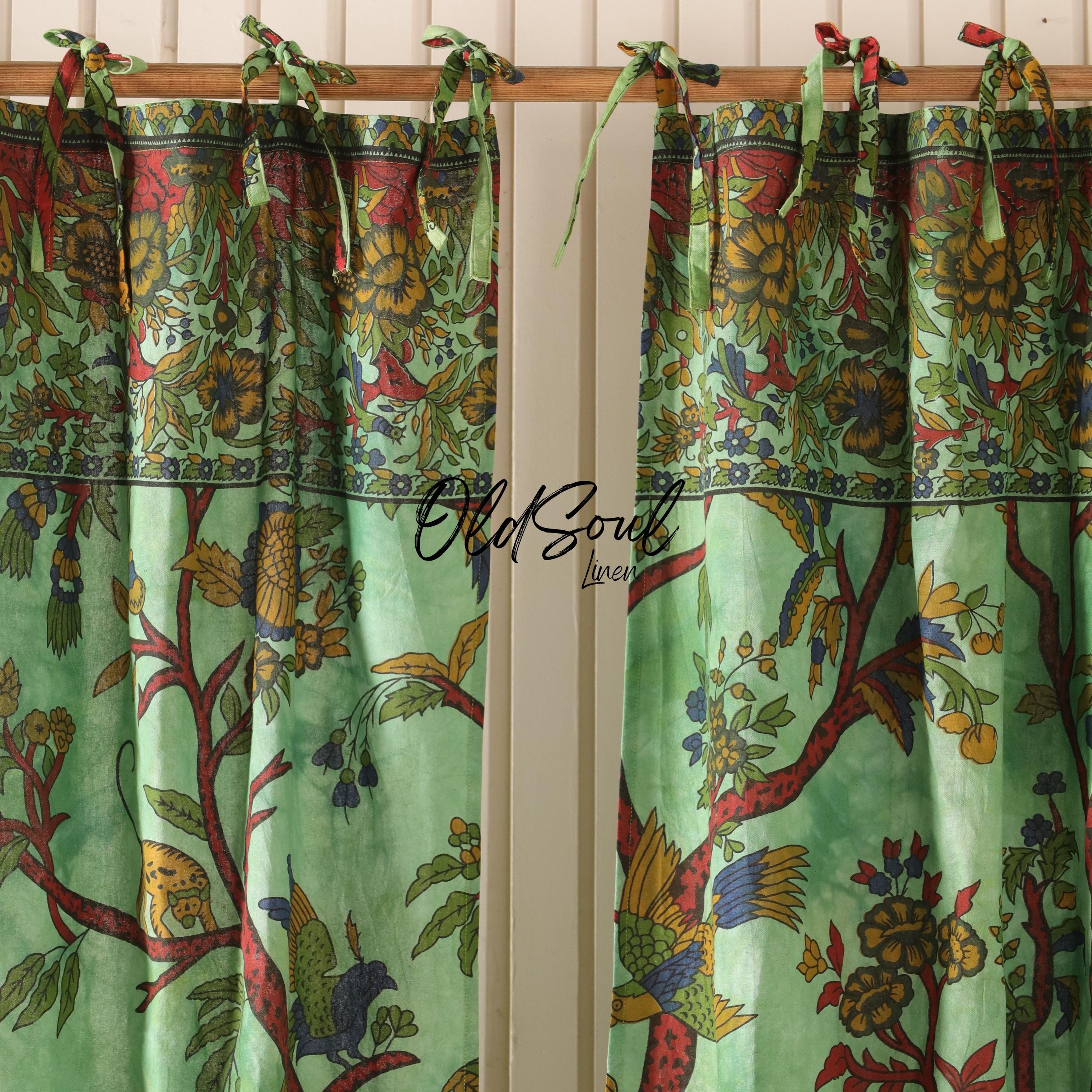 Tree of Life Peepal Green Boho Curtains - Set of 2 Tie Top Panels