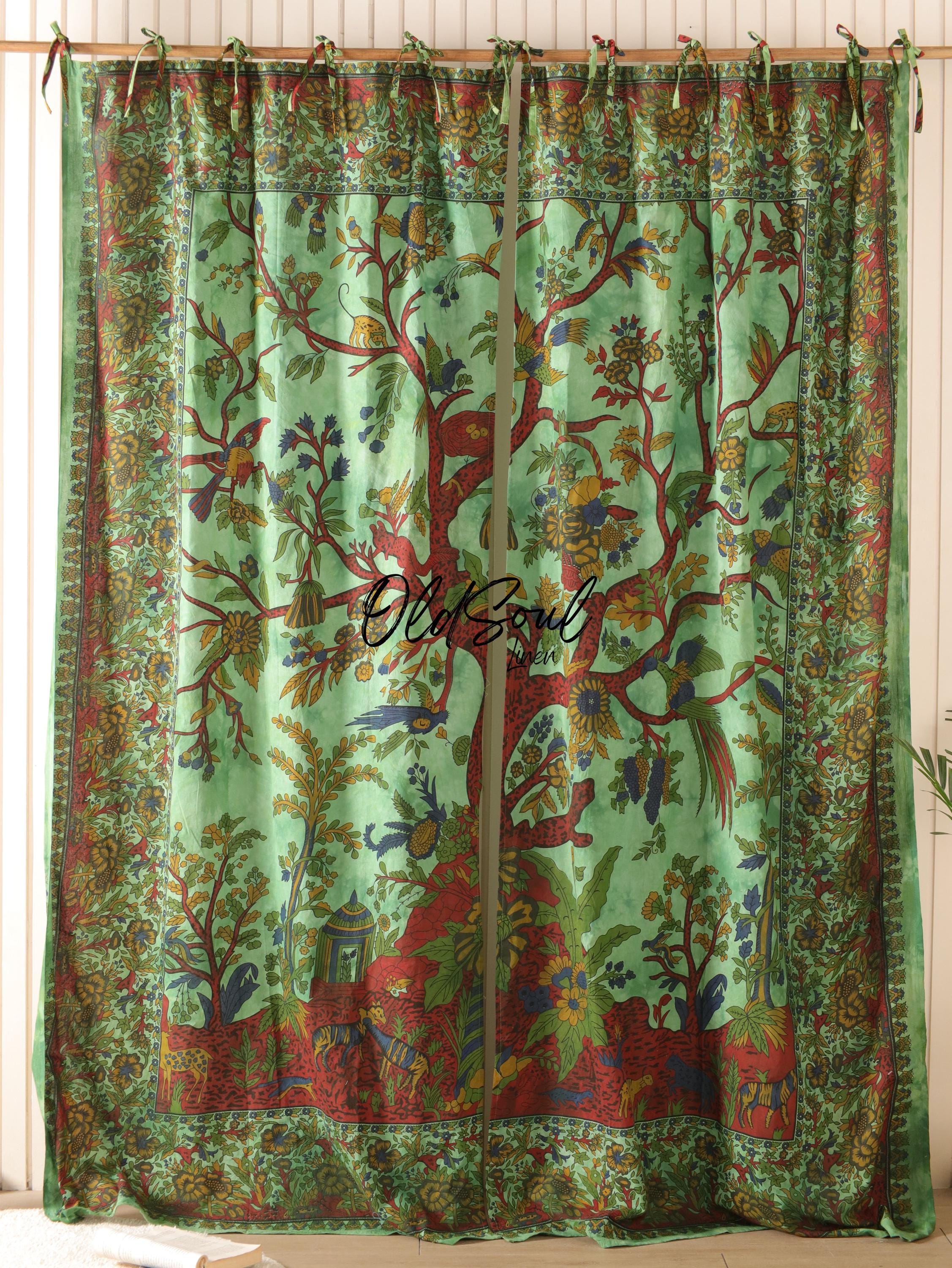 Tree of Life Peepal Green Boho Curtains - Set of 2 Tie Top Panels