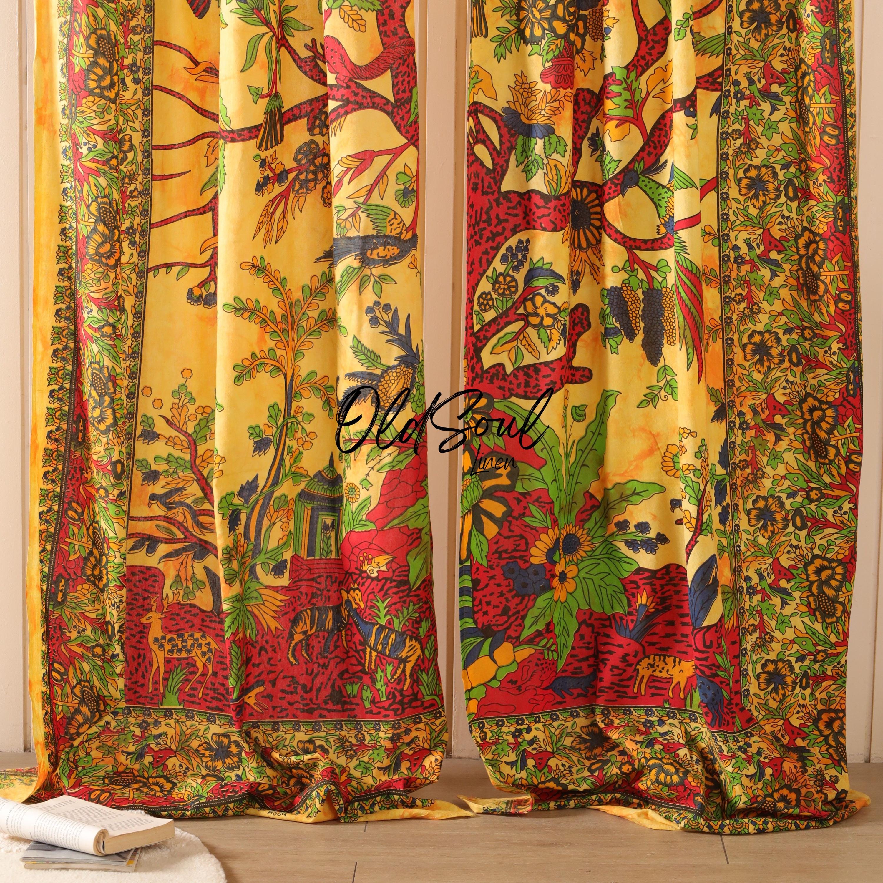 Yellow Tree Of Life Curtains, Curtains for Living Room, Handmade Curtains, Cotton Sheer Curtain, Window Treatments Panel Set of 2