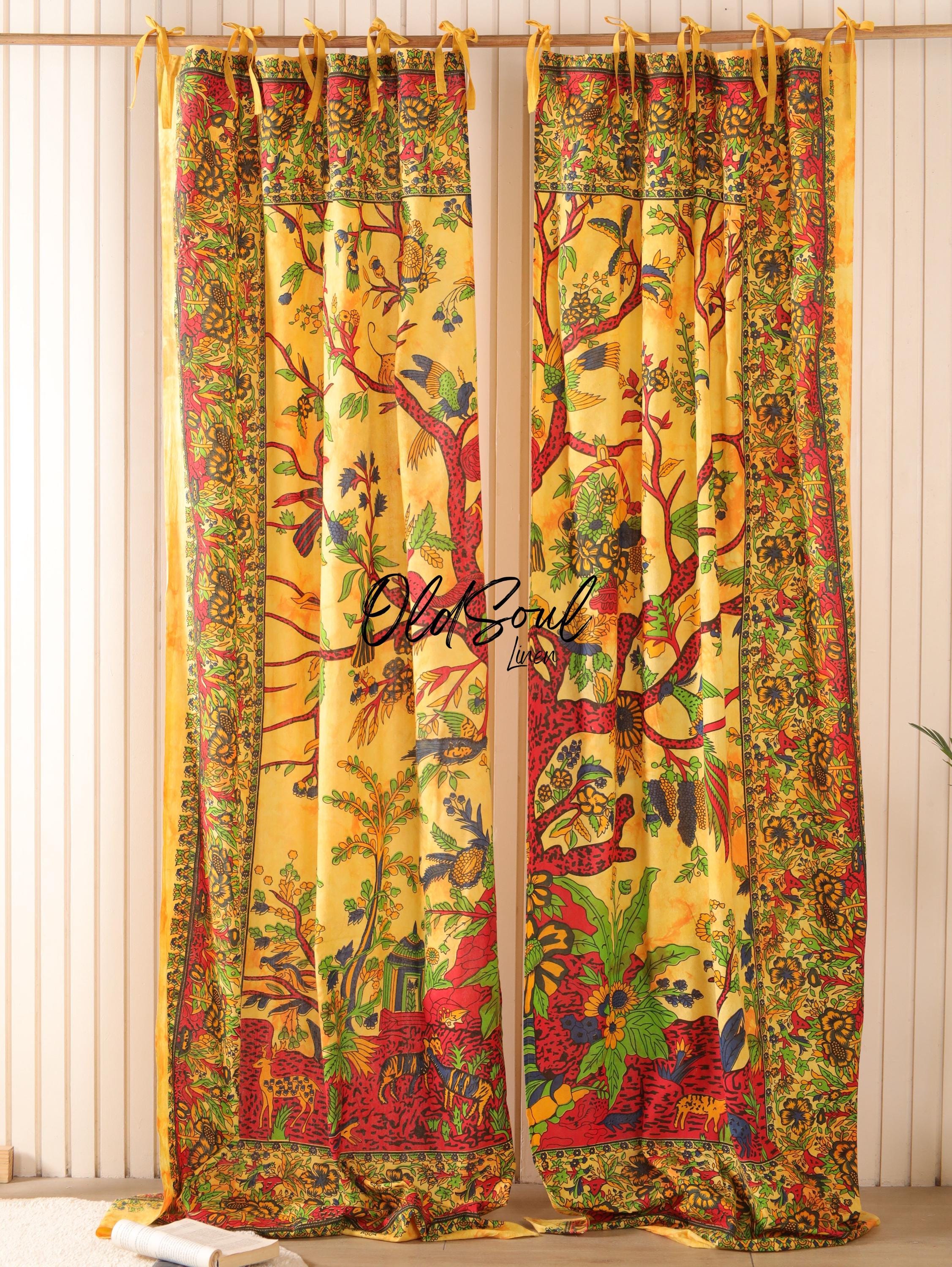 Yellow Tree Of Life Curtains, Curtains for Living Room, Handmade Curtains, Cotton Sheer Curtain, Window Treatments Panel Set of 2