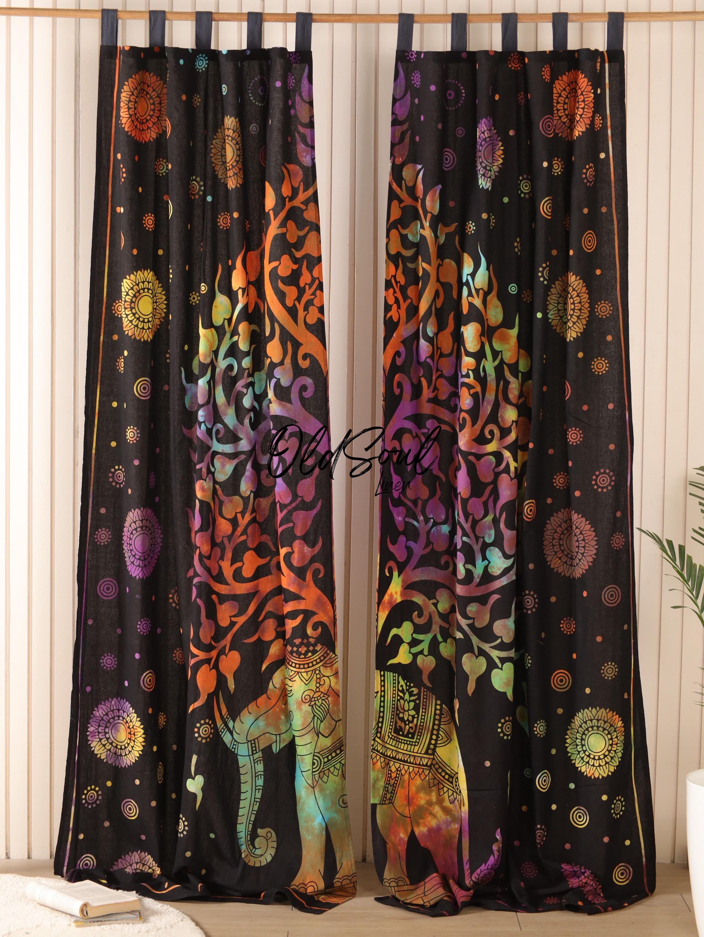 Tie Dye Elephant Tree of Life Curtains, Cotton Curtains, Window, Living Room, Bedroom, Kitchen Curtains, Drapery Door Curtain Panel Set