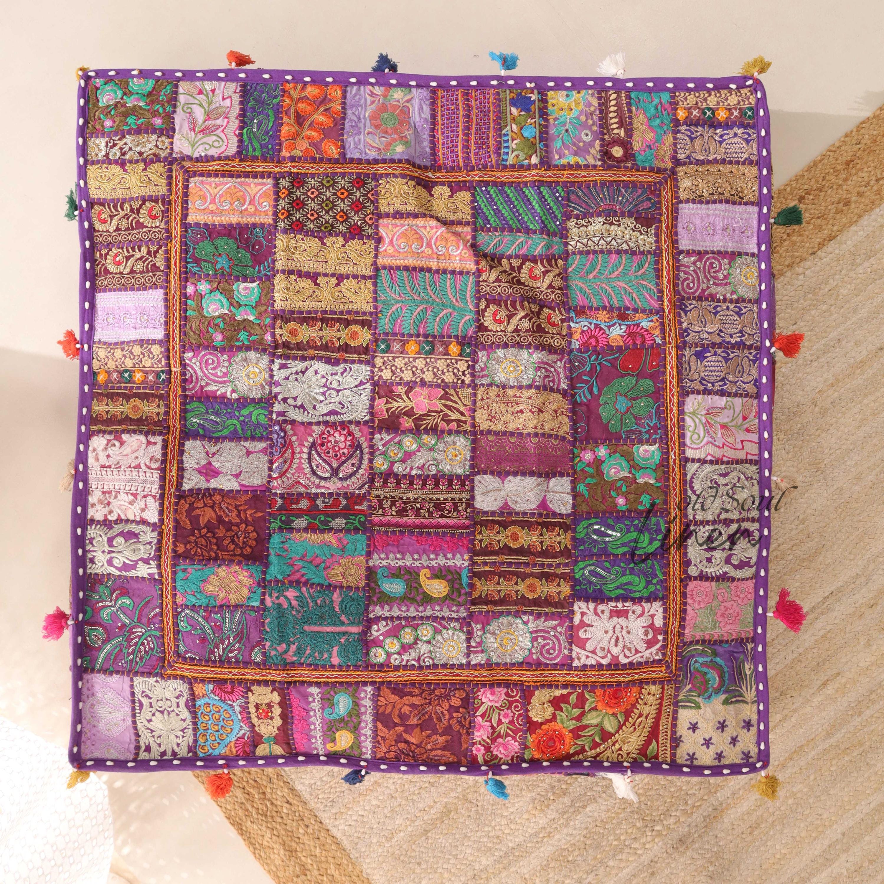 Luxury Floor Cushion Cover, Patchwork Floor Seating Cover, Decorative Throw Pillow, Boho Hippie Décor, Cover Only, 35x35"