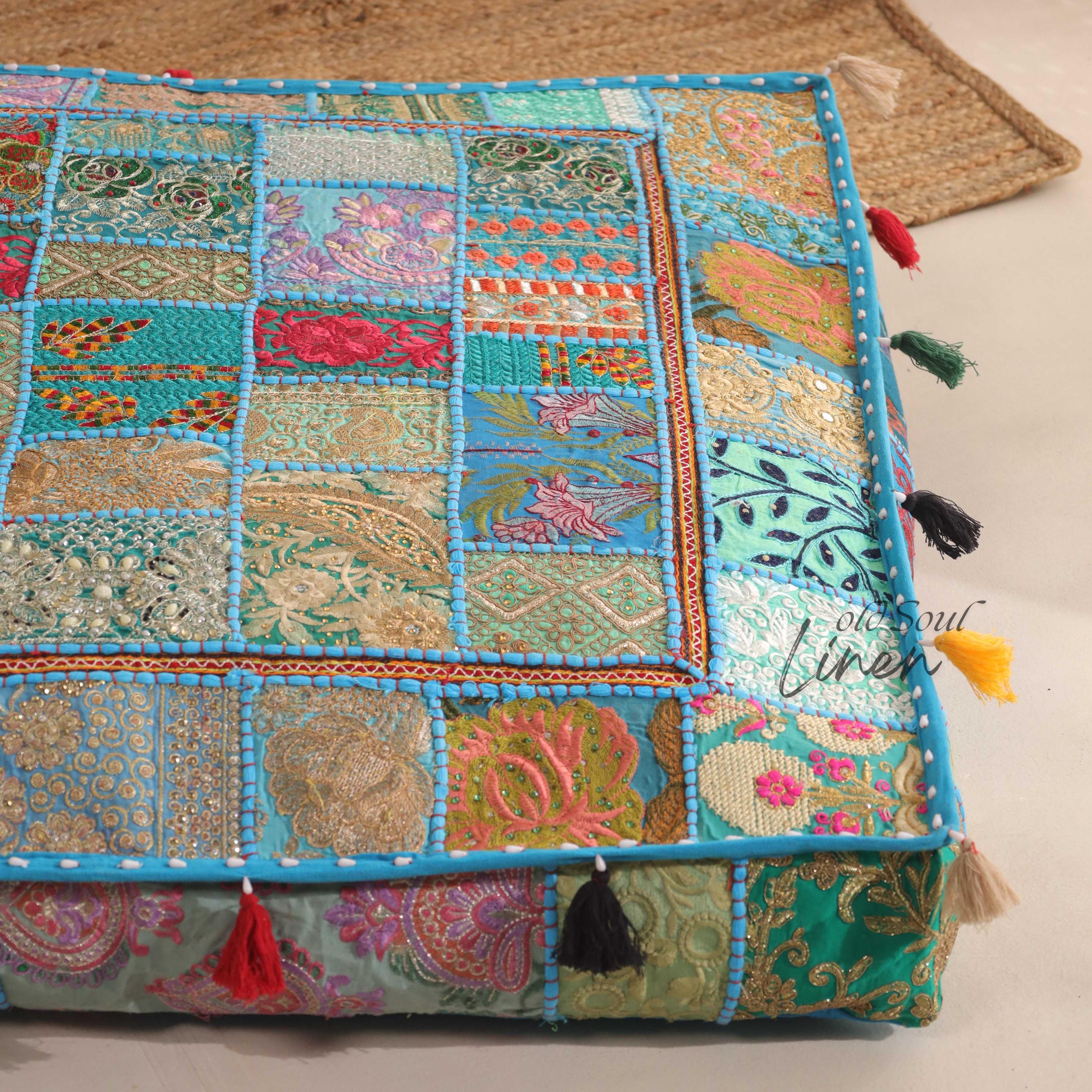 Square Floor Pillow Cover, Meditation Cushions, Patchwork Floor Pouf Seating, Decorative Cushions, Cover Only, Turquoise, Size:-35x35"