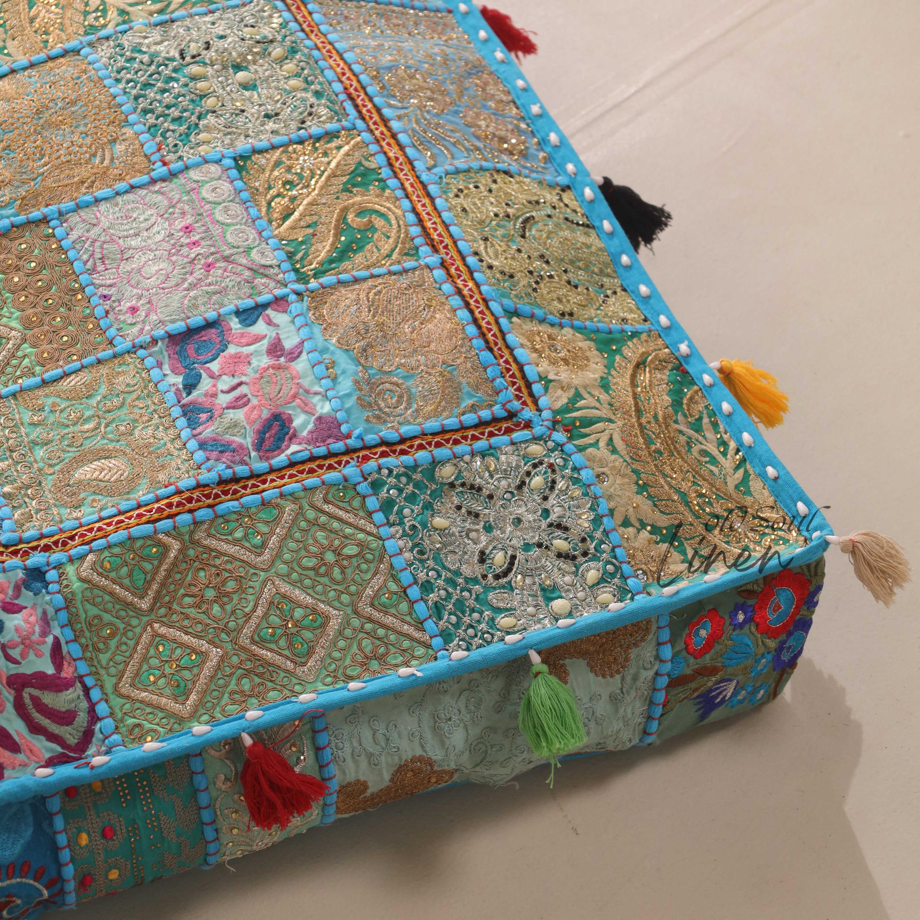 Square Floor Pillow Cover, Meditation Cushions, Patchwork Floor Pouf Seating, Decorative Cushions, Cover Only, Turquoise, Size:-35x35"
