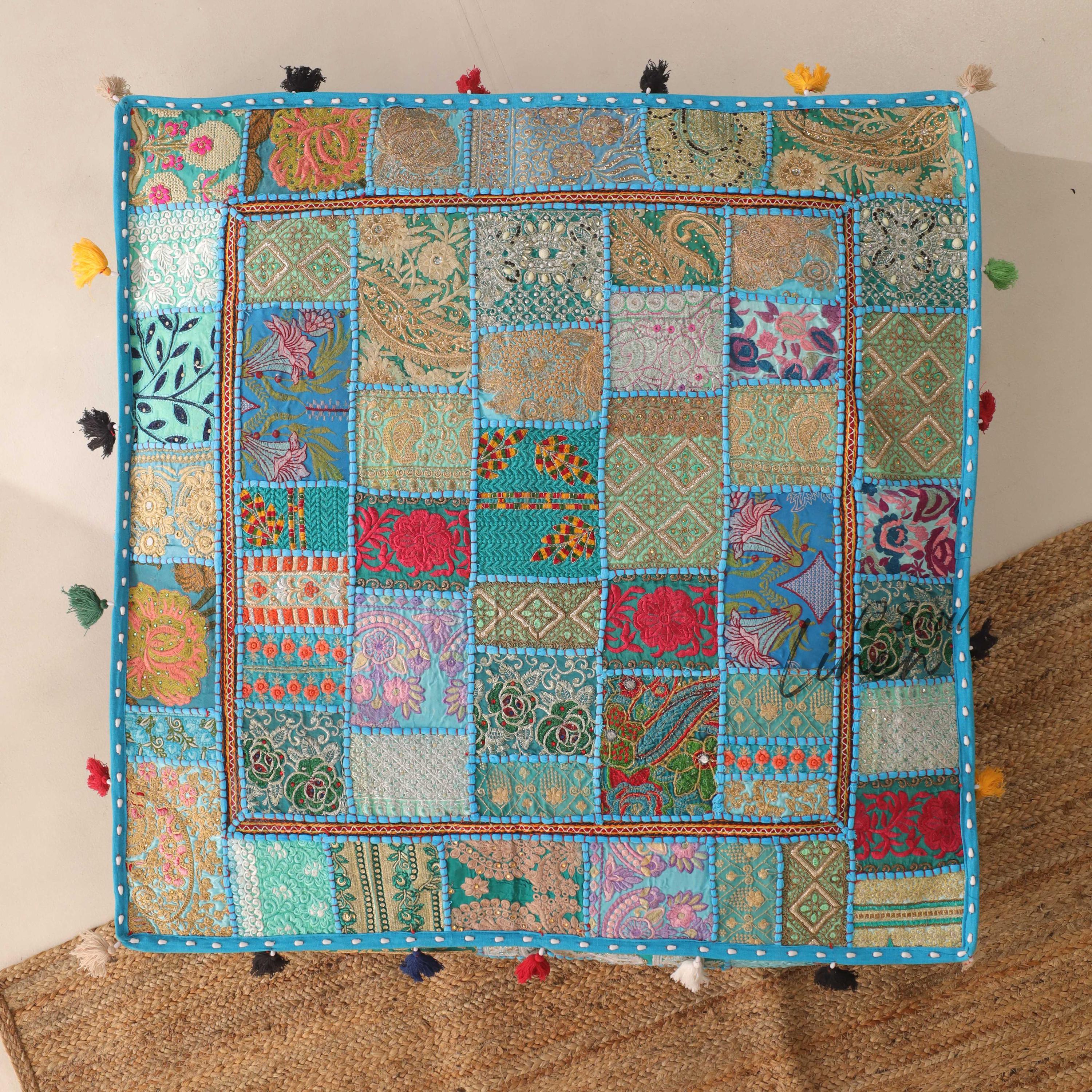 Square Floor Pillow Cover, Meditation Cushions, Patchwork Floor Pouf Seating, Decorative Cushions, Cover Only, Turquoise, Size:-35x35"