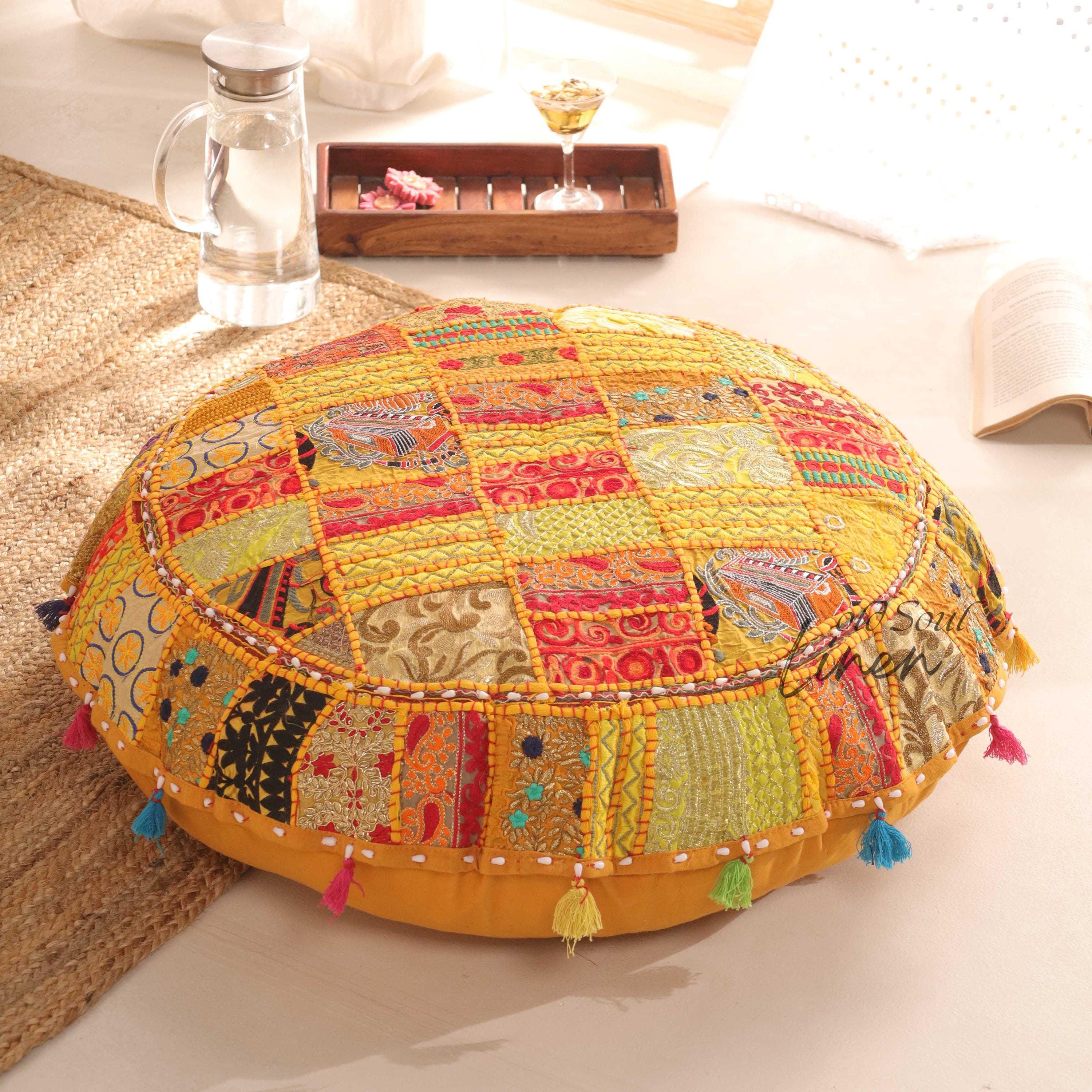 Large Floor Cushion - Meditation Cushion | Round Floor Seat Cushion - Boho Hippie Décor | Indian Floor Seating | Cushion Seating Cover Only