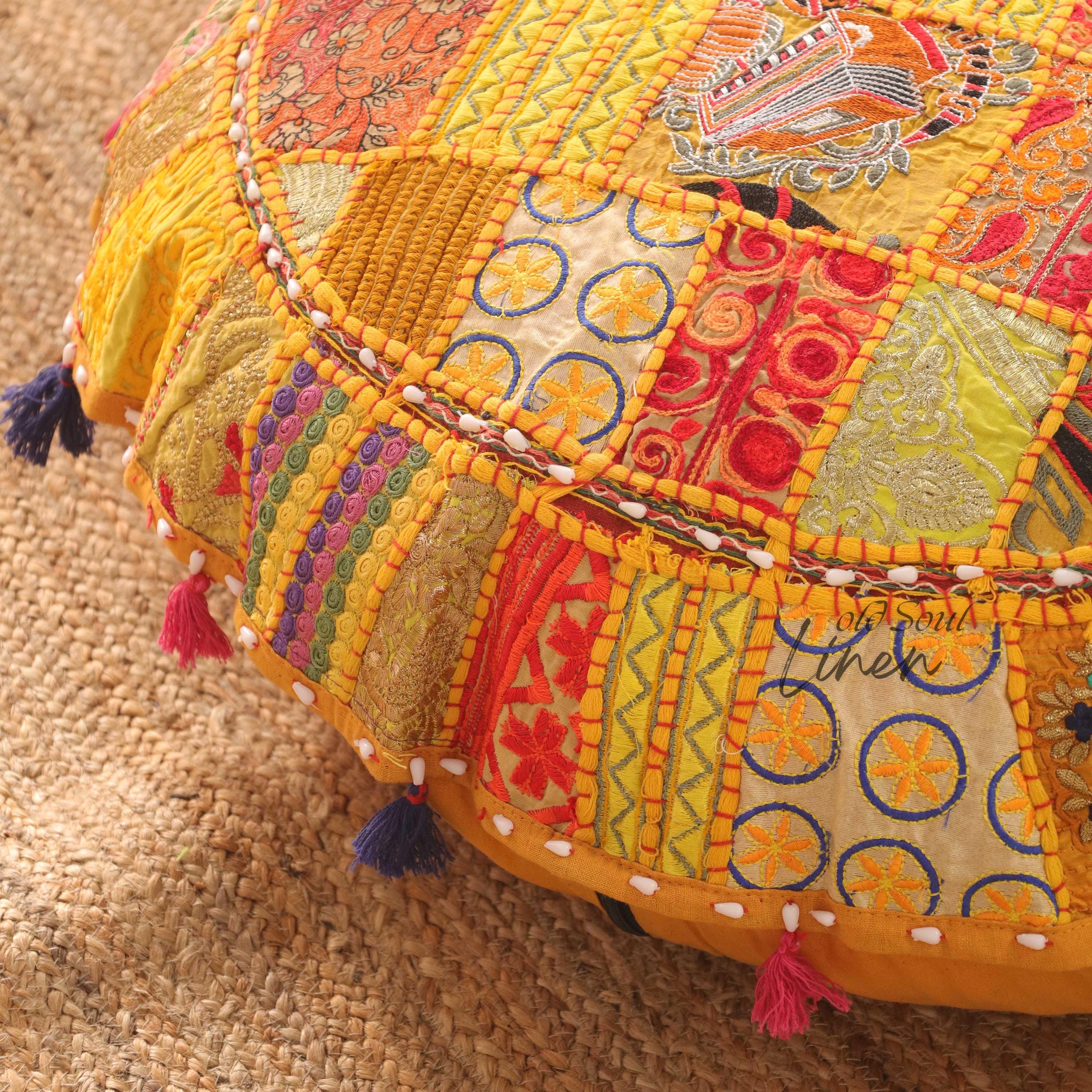 Large Floor Cushion - Meditation Cushion | Round Floor Seat Cushion - Boho Hippie Décor | Indian Floor Seating | Cushion Seating Cover Only