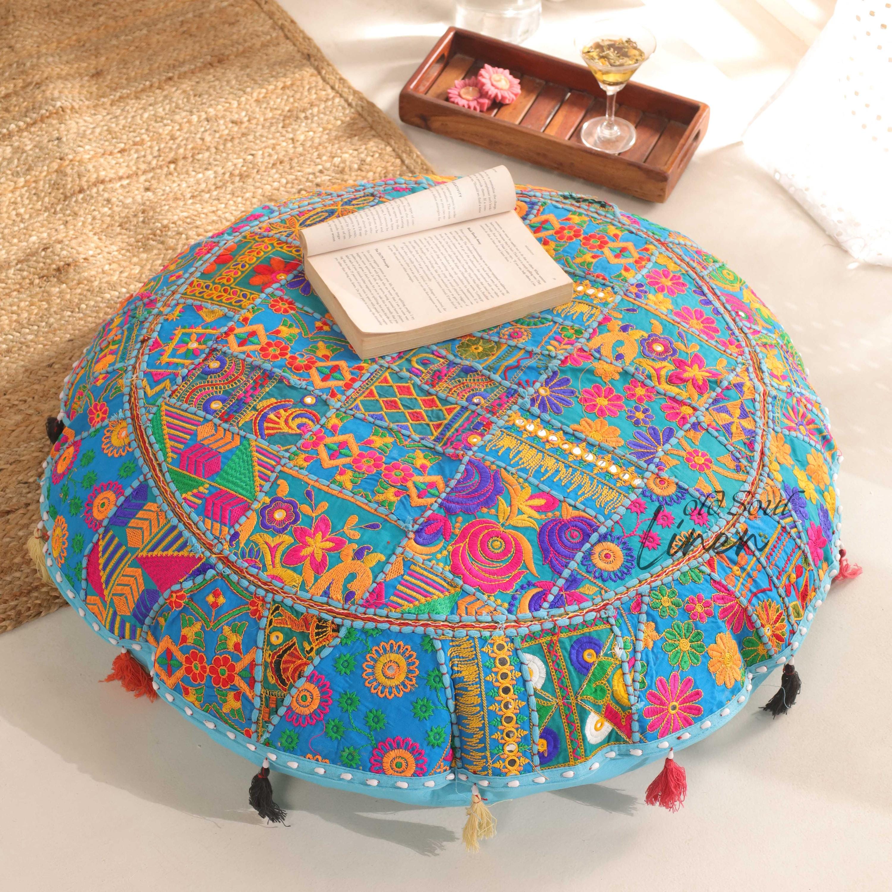 Meditation Round Floor Cushion Cover, Decorative Patchwork Pillow Throw, Sofa Sham Décor, Pet Bed Seating, Turquoise Round Floor Pouf 32"