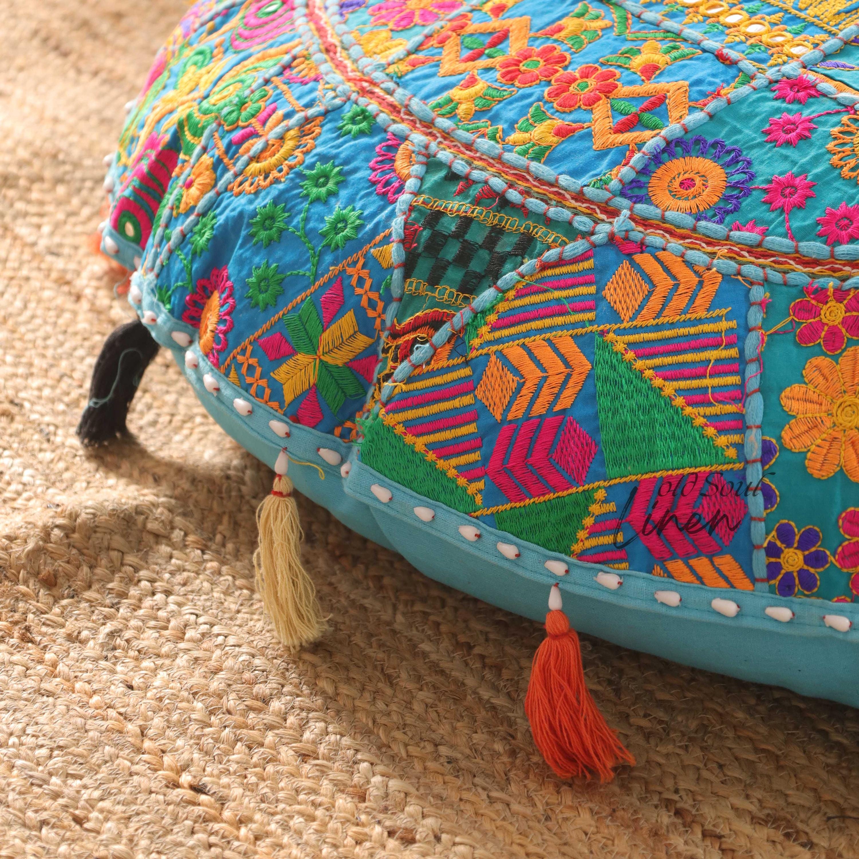 Meditation Round Floor Cushion Cover, Decorative Patchwork Pillow Throw, Sofa Sham Décor, Pet Bed Seating, Turquoise Round Floor Pouf 32"