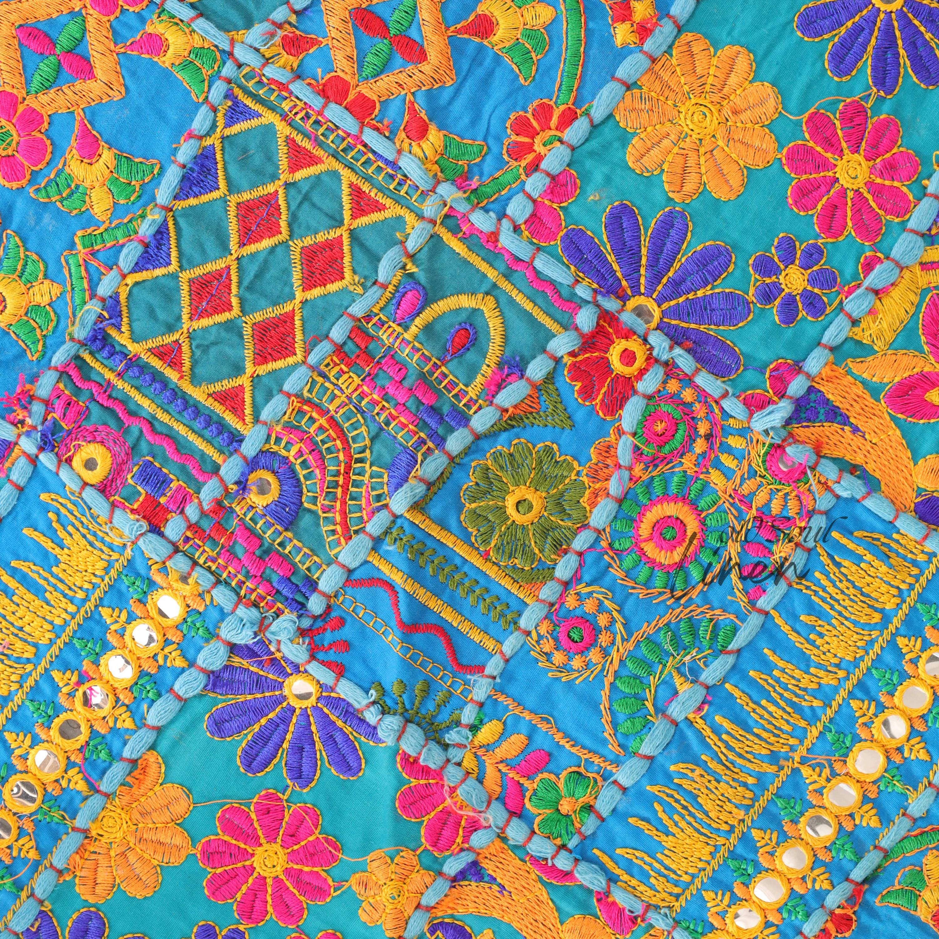 Meditation Round Floor Cushion Cover, Decorative Patchwork Pillow Throw, Sofa Sham Décor, Pet Bed Seating, Turquoise Round Floor Pouf 32"