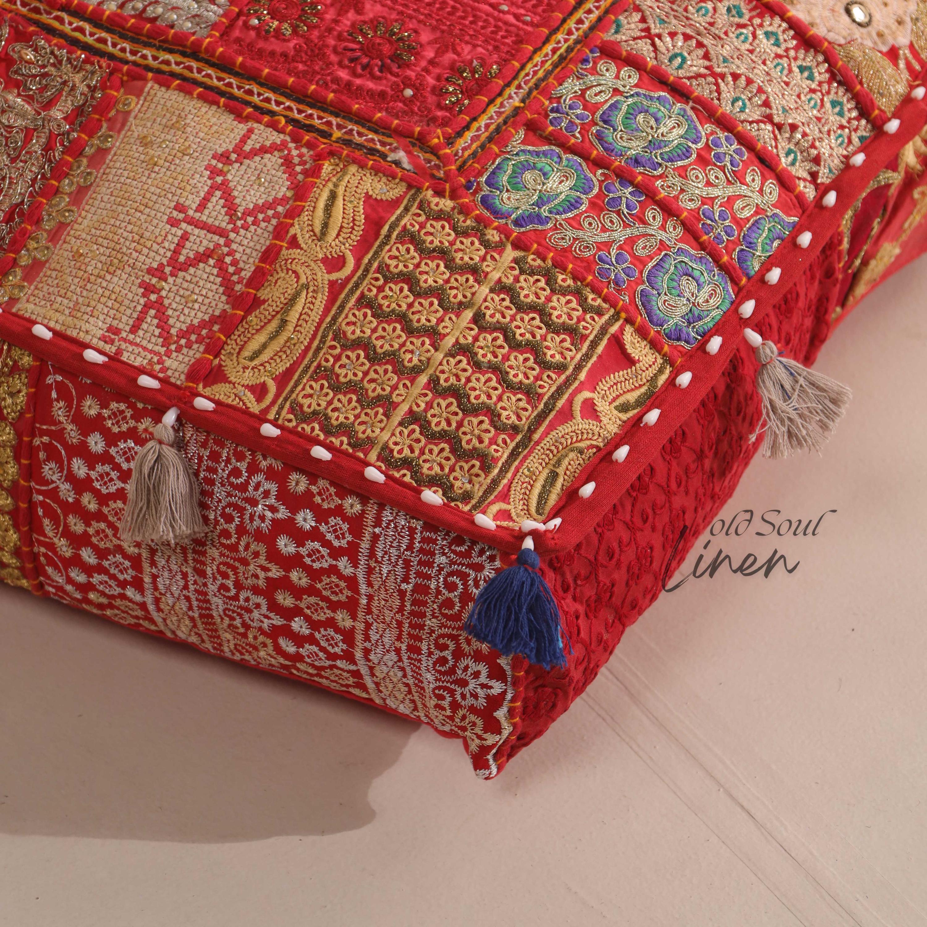 Square Floor Pillow Cover, Meditation Cushions, Patchwork Floor Pouf Seating, Decorative Cushions, Cover Only, Red, Size:-35x35"