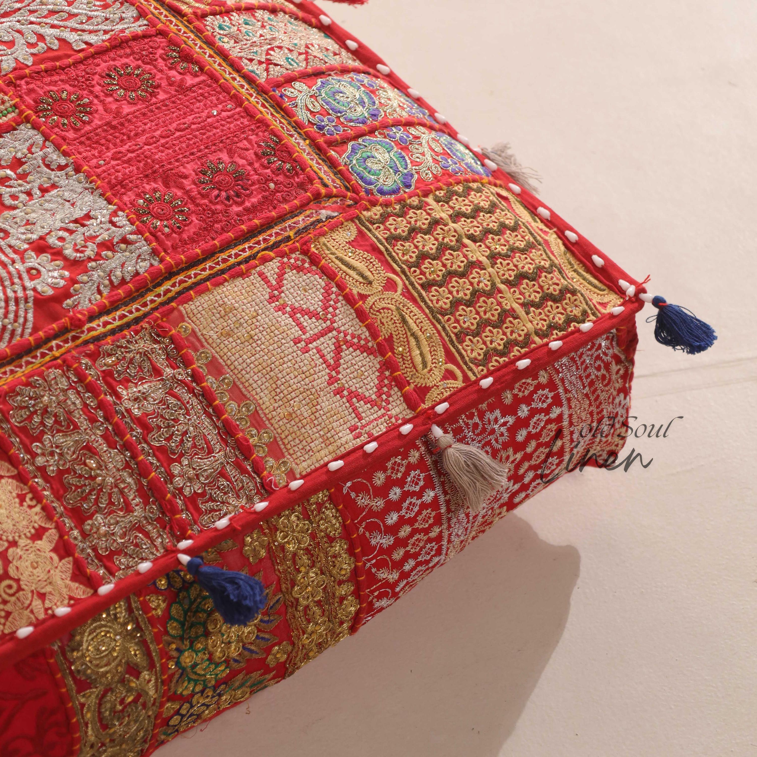 Square Floor Pillow Cover, Meditation Cushions, Patchwork Floor Pouf Seating, Decorative Cushions, Cover Only, Red, Size:-35x35"
