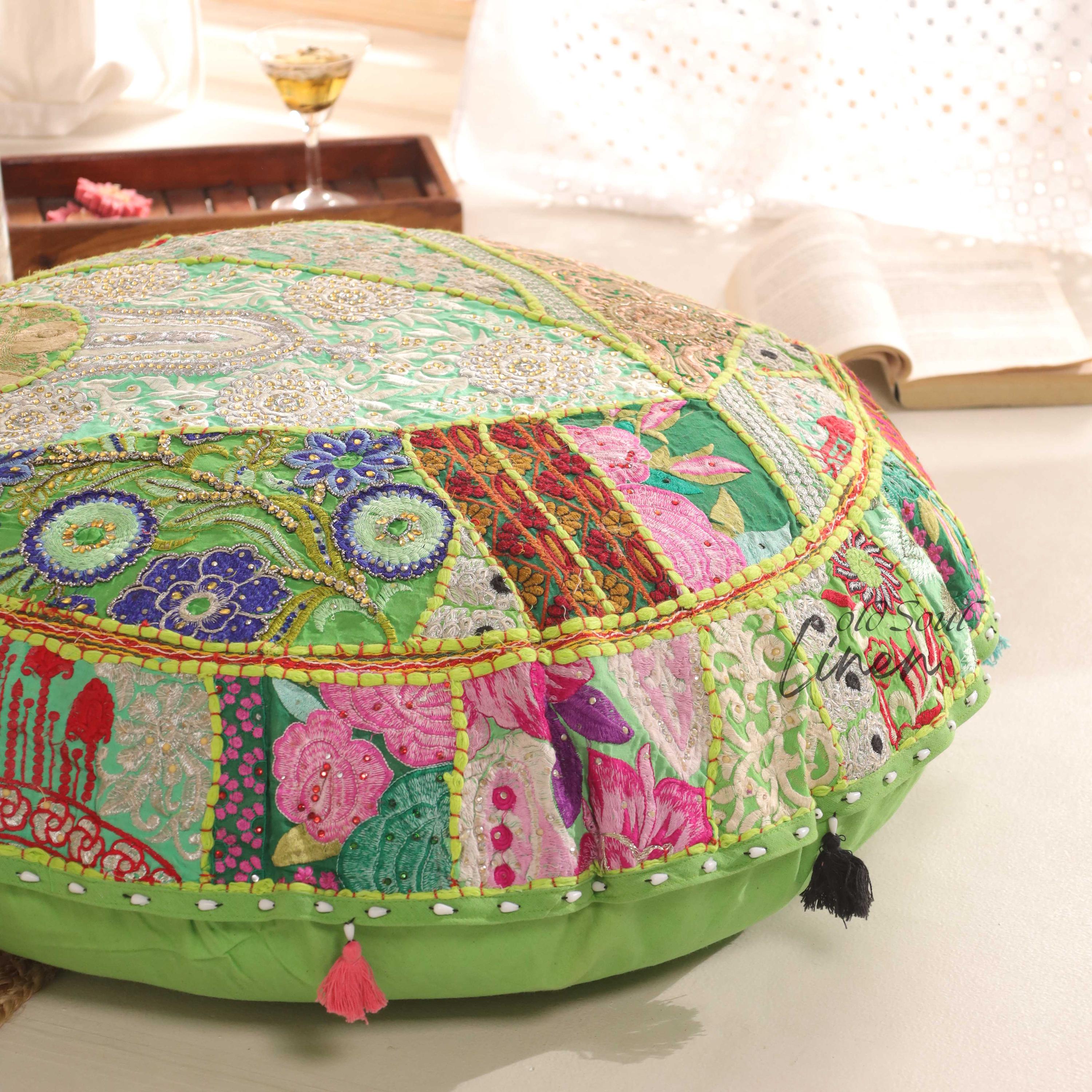 Patchwork Round Handmade Cushion Cover, Embroidered Floor Pillow Cover, Boho Floor Seating, Meditation Cushion, Ottoman Round Pouf Stool 32"