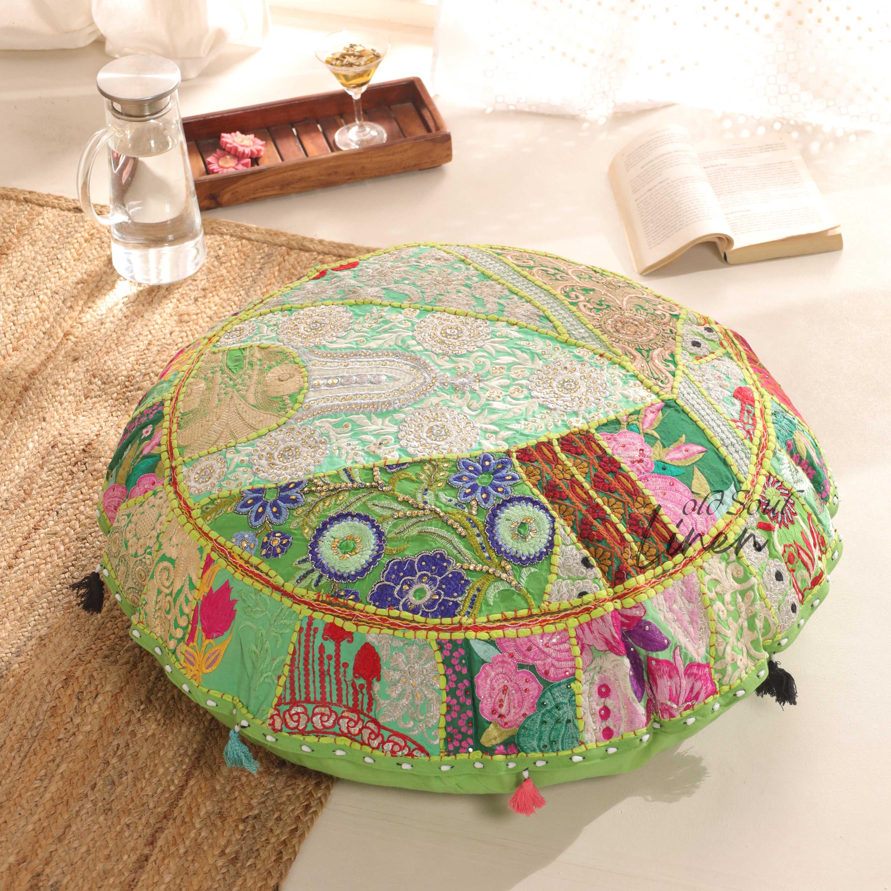 Patchwork Round Handmade Cushion Cover, Embroidered Floor Pillow Cover, Boho Floor Seating, Meditation Cushion, Ottoman Round Pouf Stool 32"