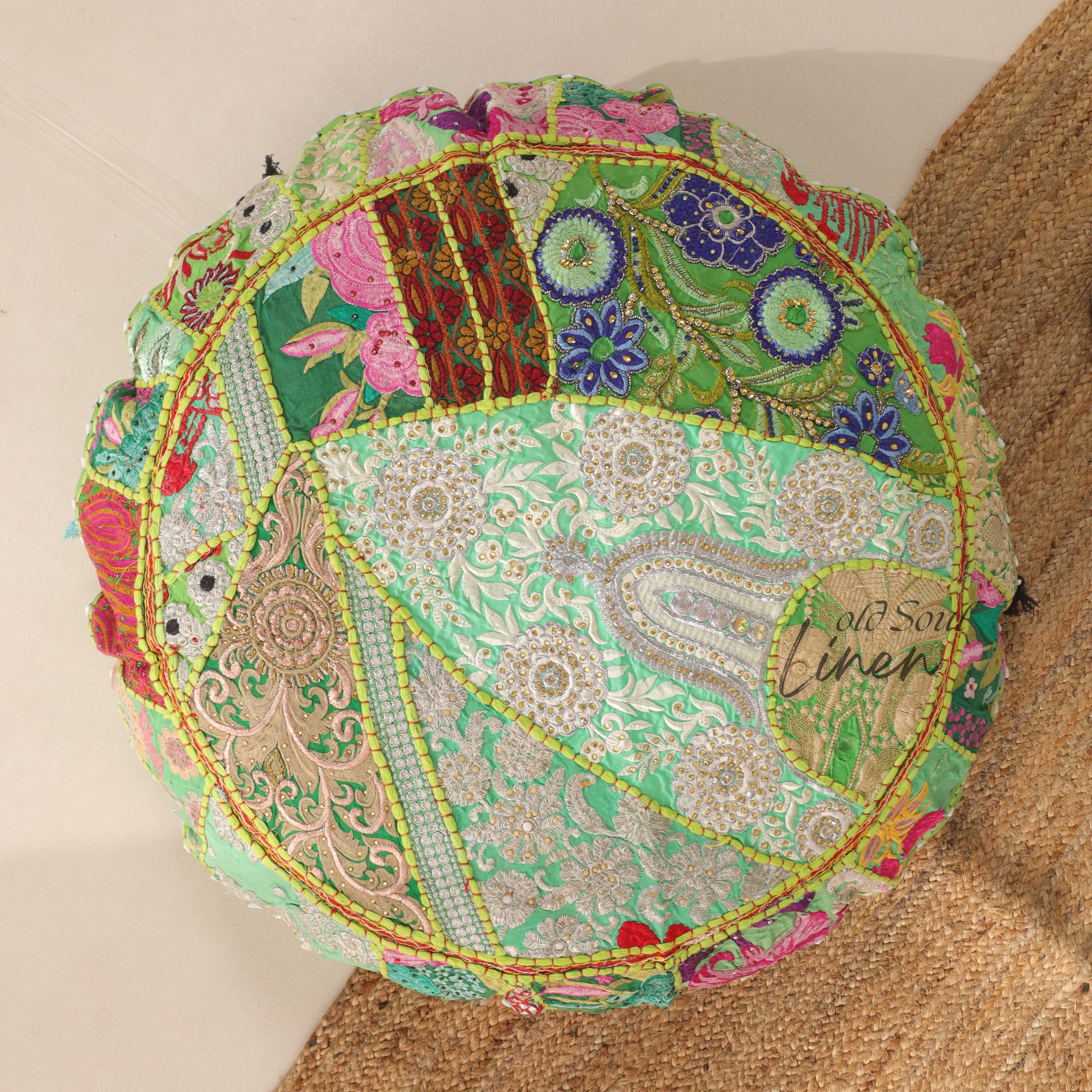 Patchwork Round Handmade Cushion Cover, Embroidered Floor Pillow Cover, Boho Floor Seating, Meditation Cushion, Ottoman Round Pouf Stool 32"