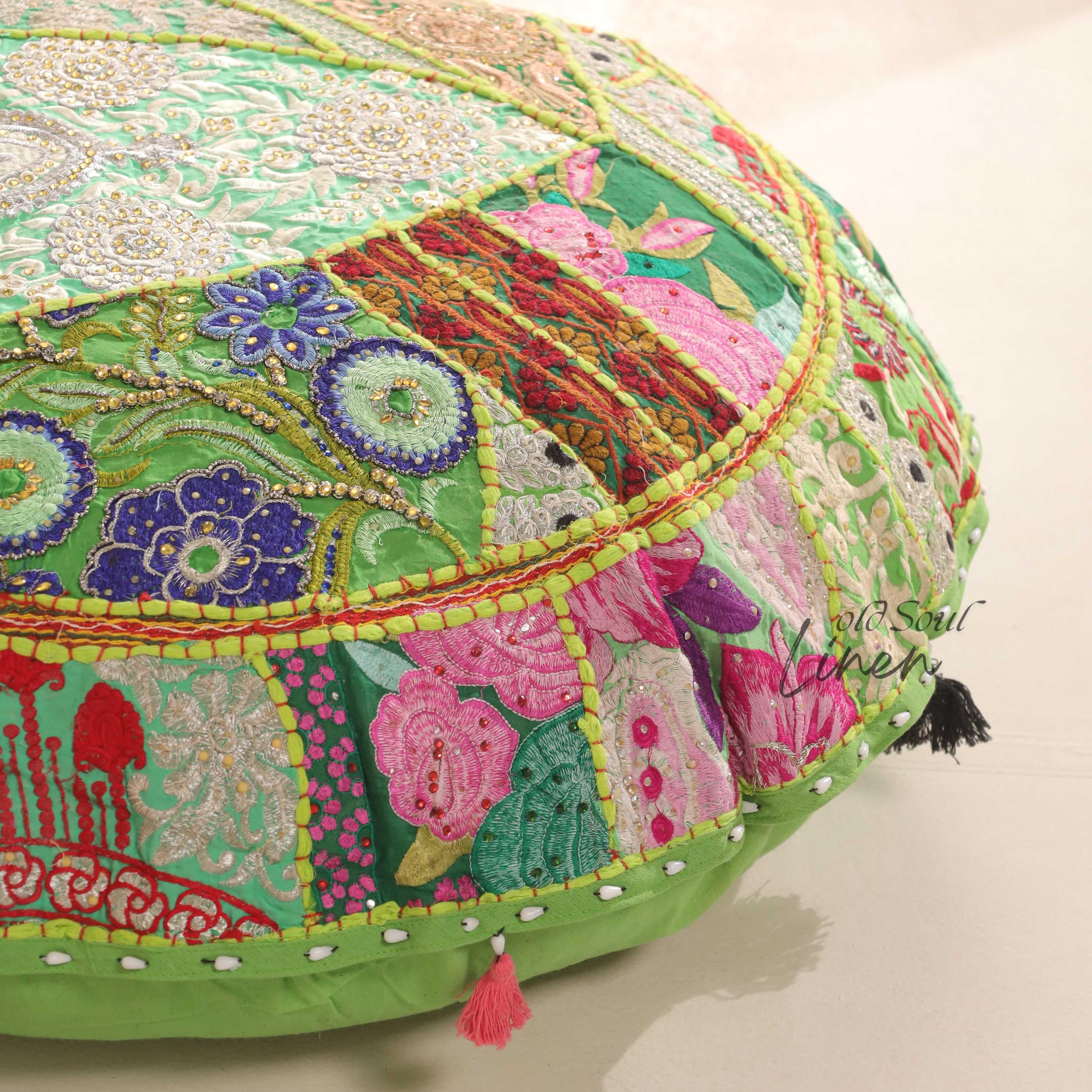 Patchwork Round Handmade Cushion Cover, Embroidered Floor Pillow Cover, Boho Floor Seating, Meditation Cushion, Ottoman Round Pouf Stool 32"