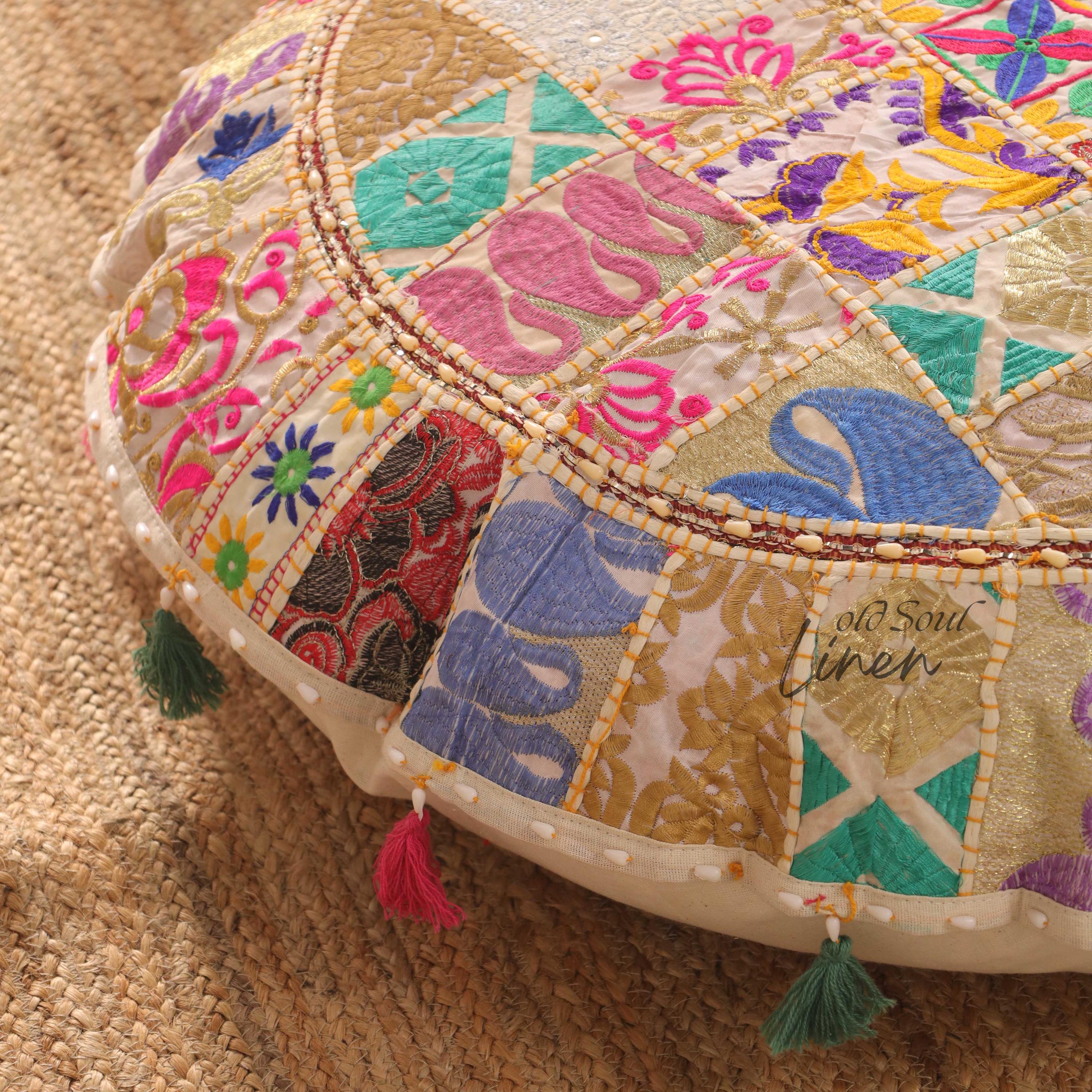 Round Floor Pillow Meditation Cushion | Hippie Floor Seating | Off - White Floor Pouf Stool 32" Kilim Pouf Round | Indian Seating Hippie