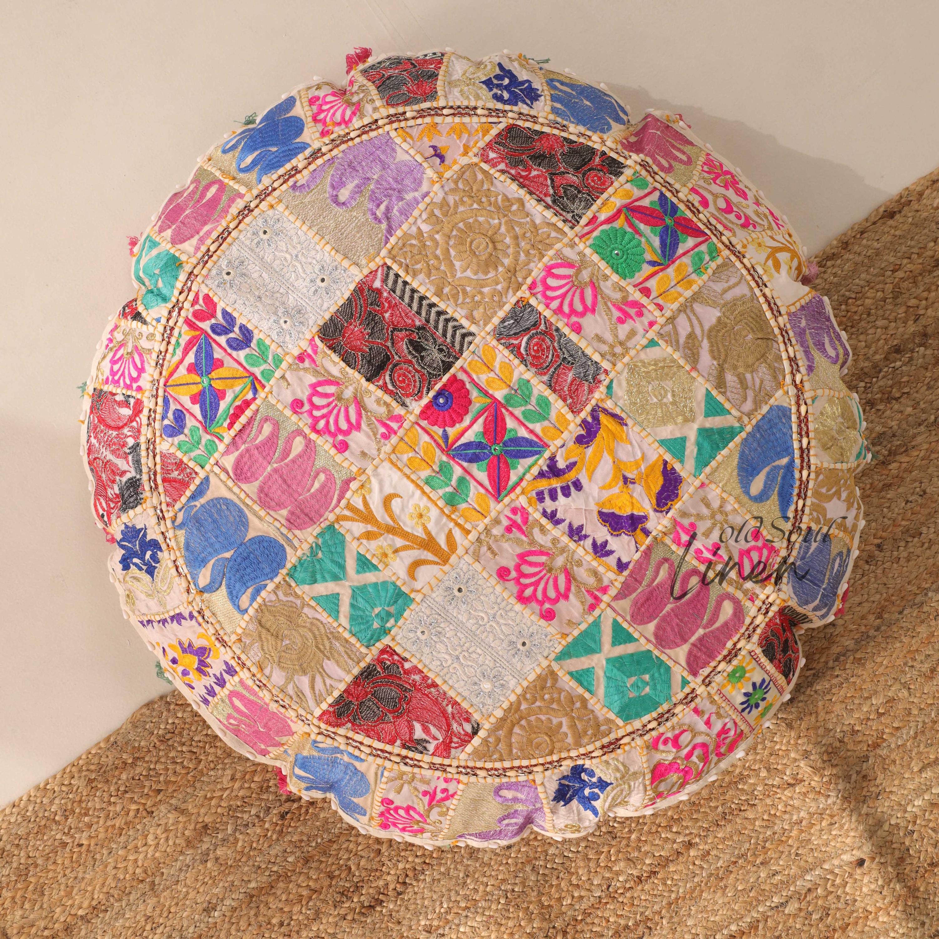 Round Floor Pillow Meditation Cushion | Hippie Floor Seating | Off - White Floor Pouf Stool 32" Kilim Pouf Round | Indian Seating Hippie