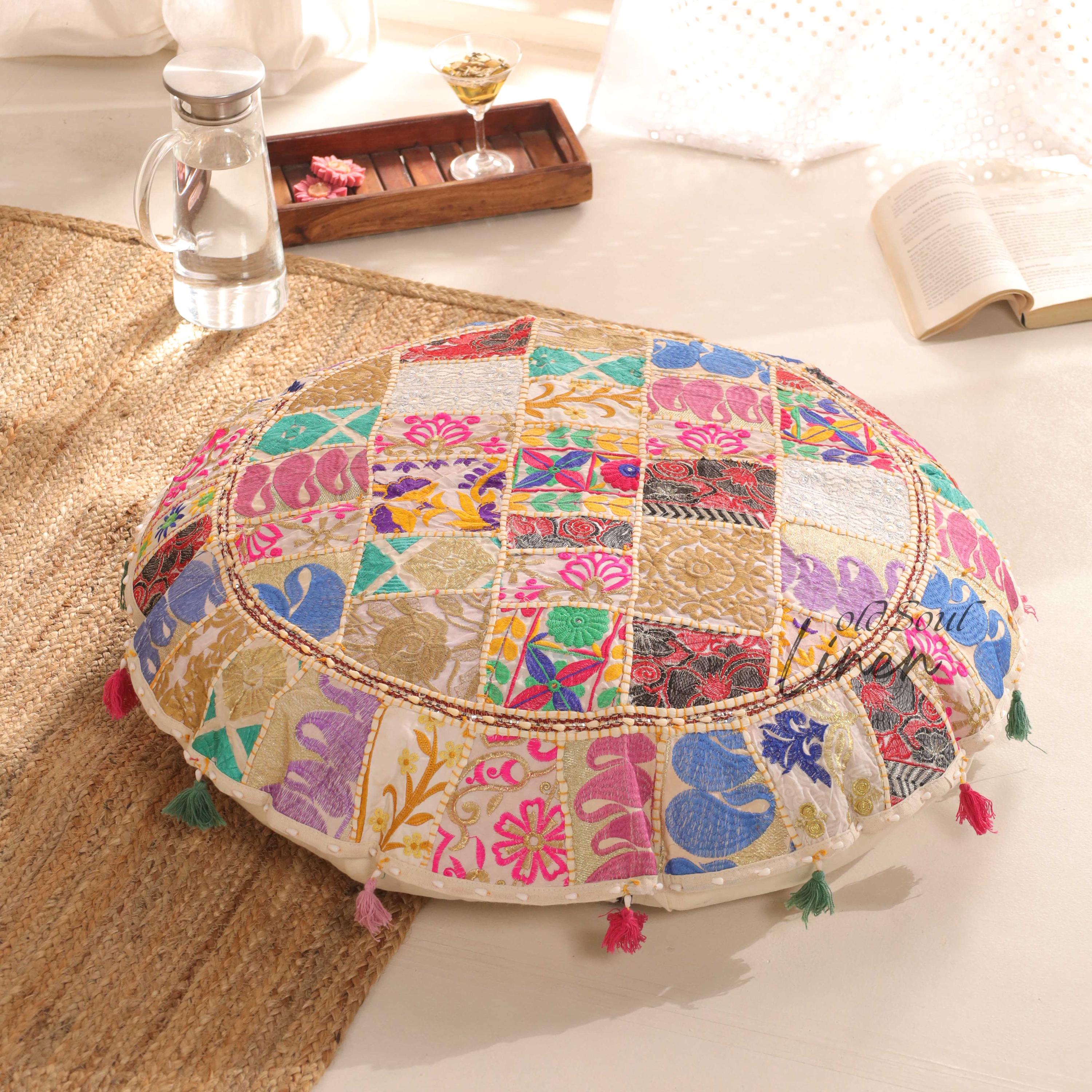 Round Floor Pillow Meditation Cushion | Hippie Floor Seating | Off - White Floor Pouf Stool 32" Kilim Pouf Round | Indian Seating Hippie