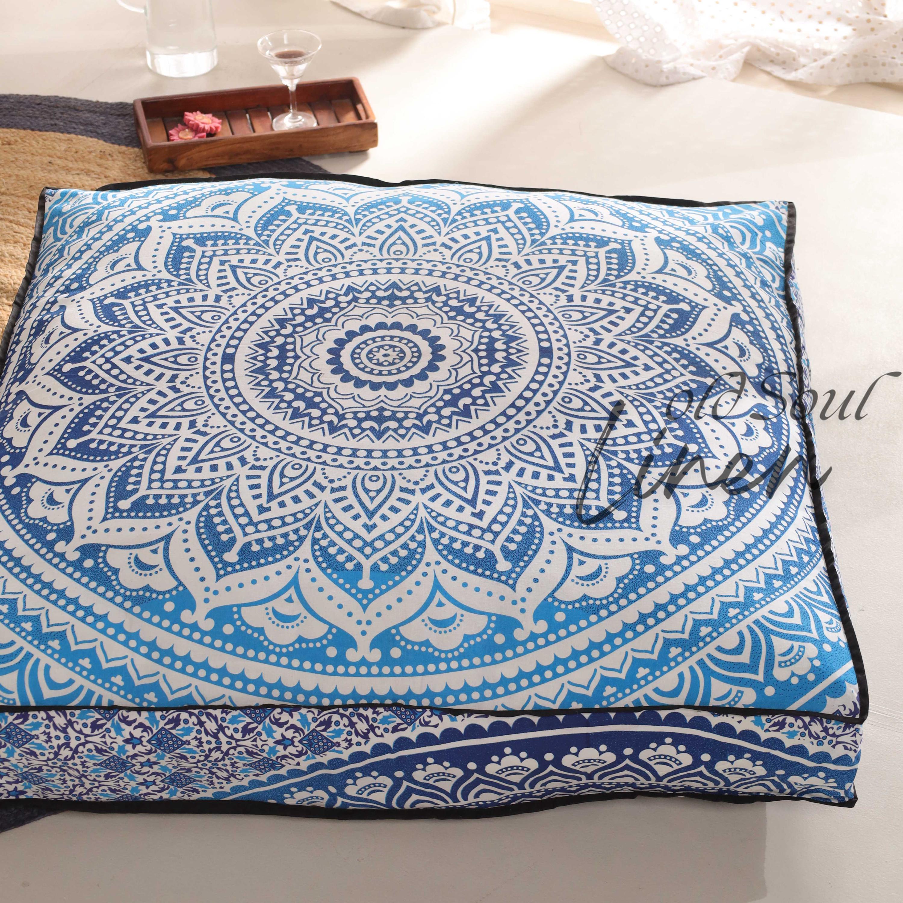 Pouf Cushion Cover Indian Ombre Mandala Floor Cushions Square Seating Pillow Bohemian Pouffe Home Décor Yoga Meditation 35" Blue