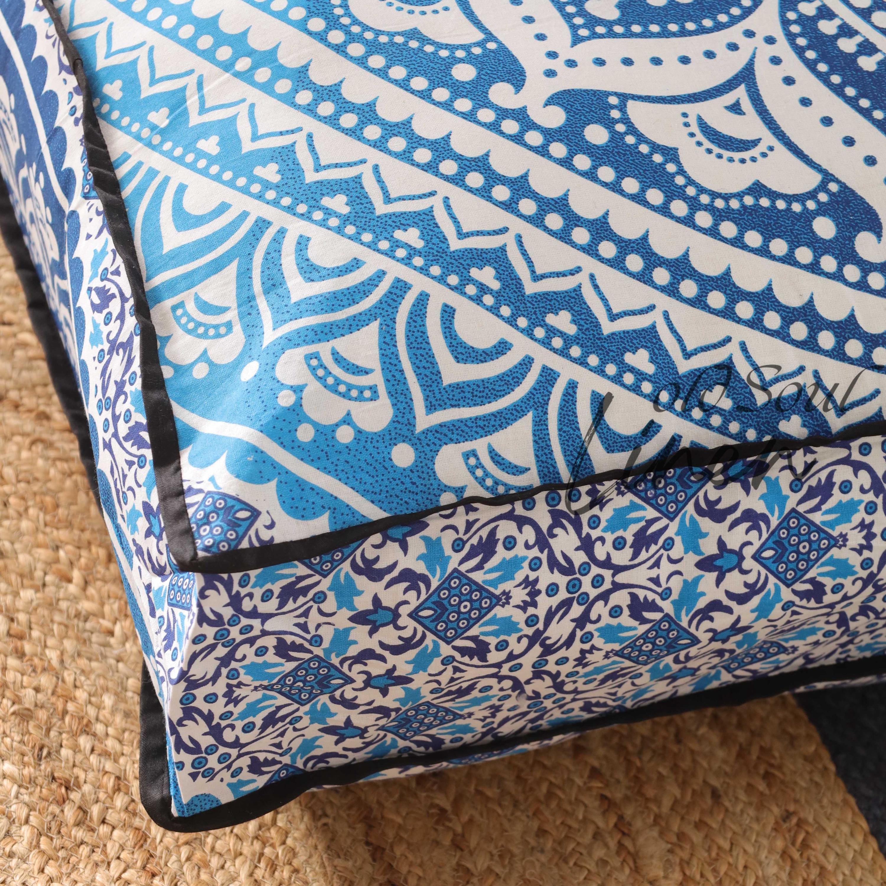 Pouf Cushion Cover Indian Ombre Mandala Floor Cushions Square Seating Pillow Bohemian Pouffe Home Décor Yoga Meditation 35" Blue