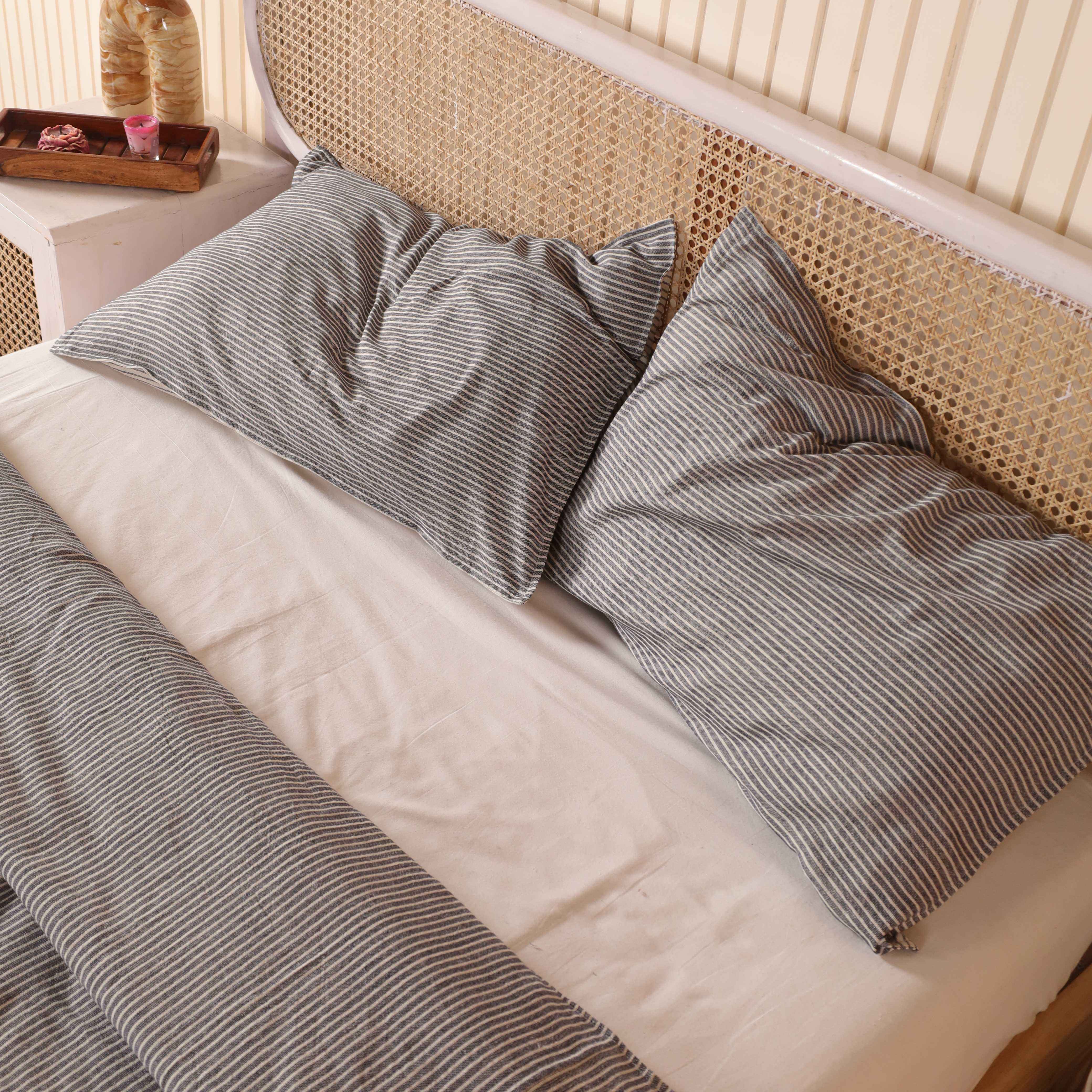 Charcoal Grey Pinstripe Cotton Duvet Set - Modern Boho Bedding