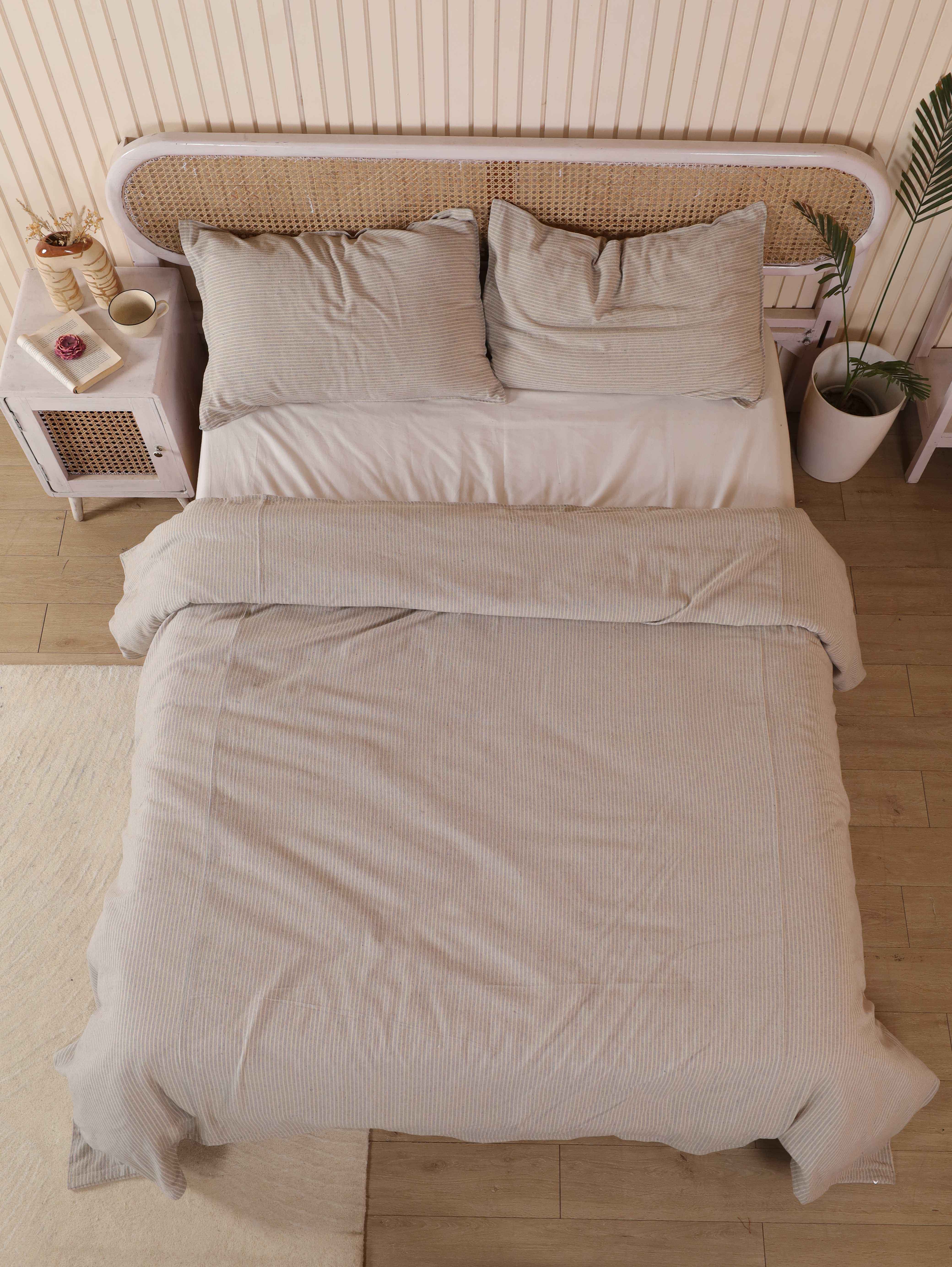 Light Grey Pinstripe Cotton Duvet Set - Neutral Striped Bedding